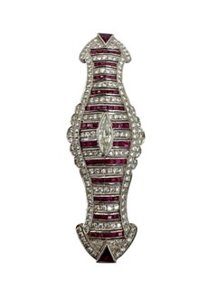 18K White Gold Ruby and Diamond Brooch with Marquise-Cut Center Diamond