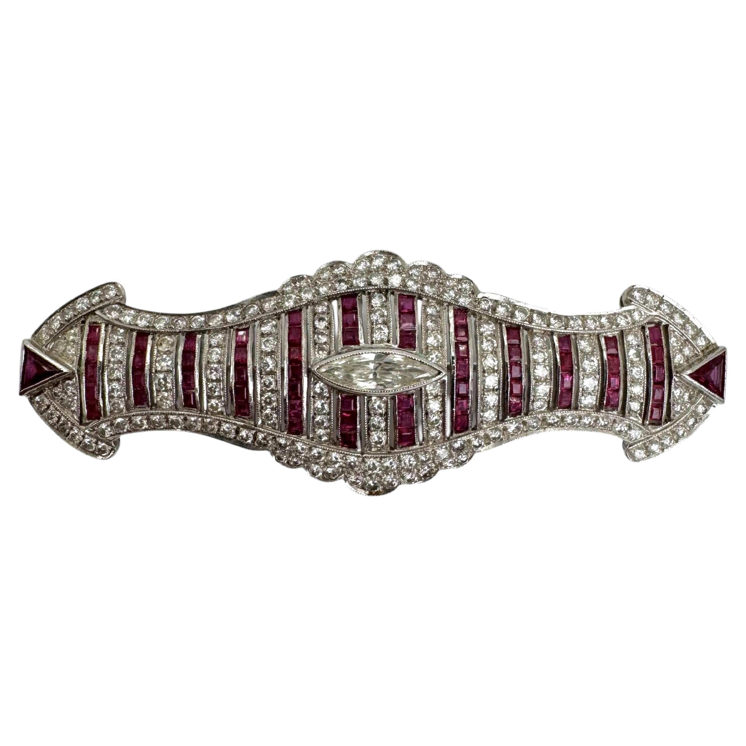 18K White Gold Ruby and Diamond Brooch with Marquise-Cut Center Diamond
