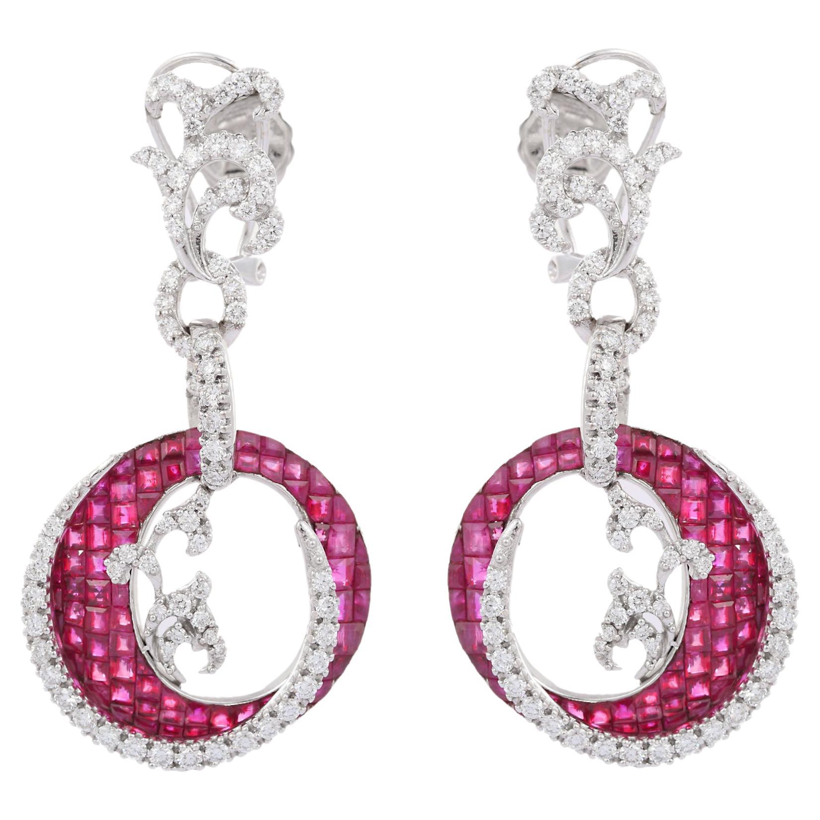 18K White Gold Ruby and Diamond Circle Dangle Earrings For Sale at 1stDibs