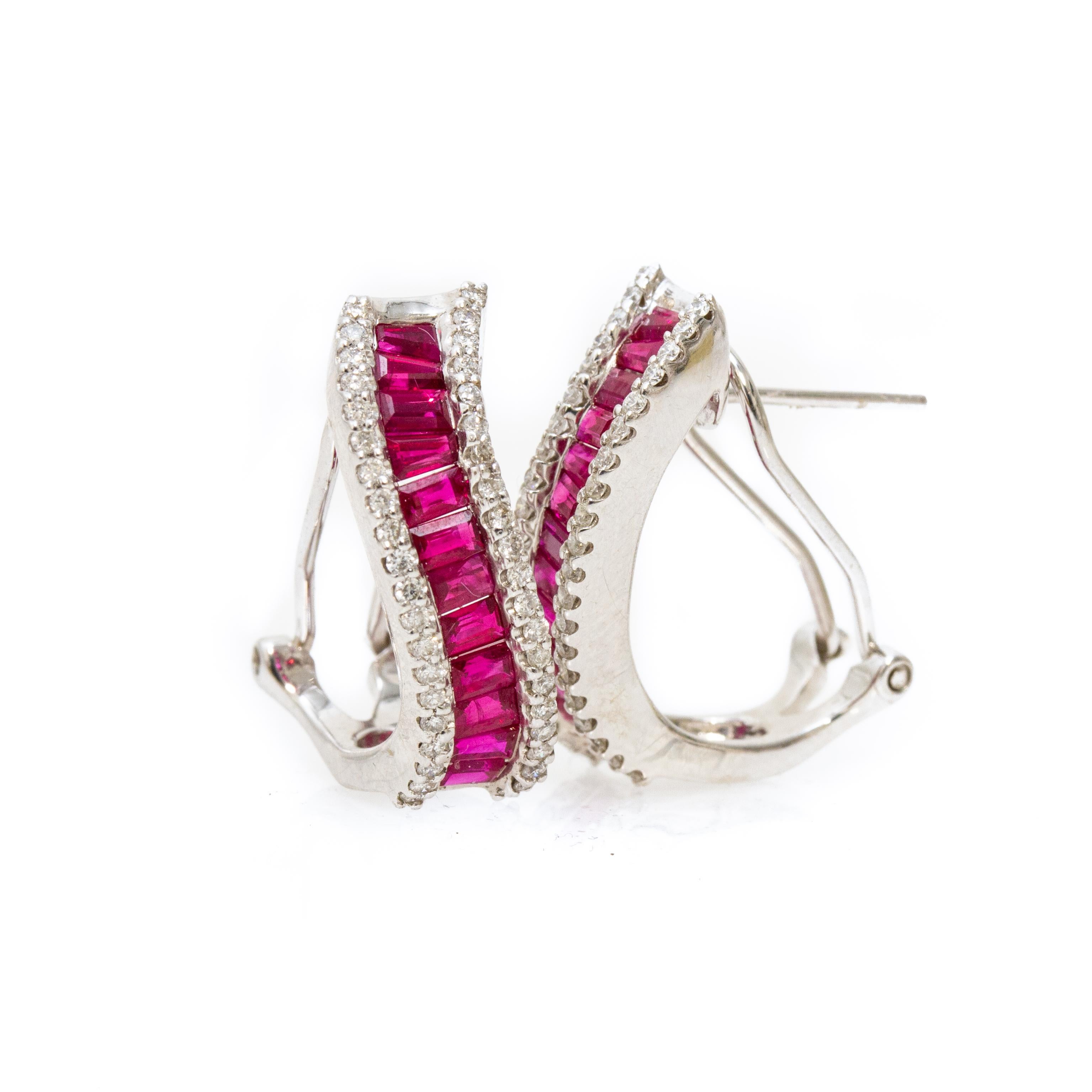 Contemporary 18 Karat White Gold, Ruby and Diamond Clip Earrings