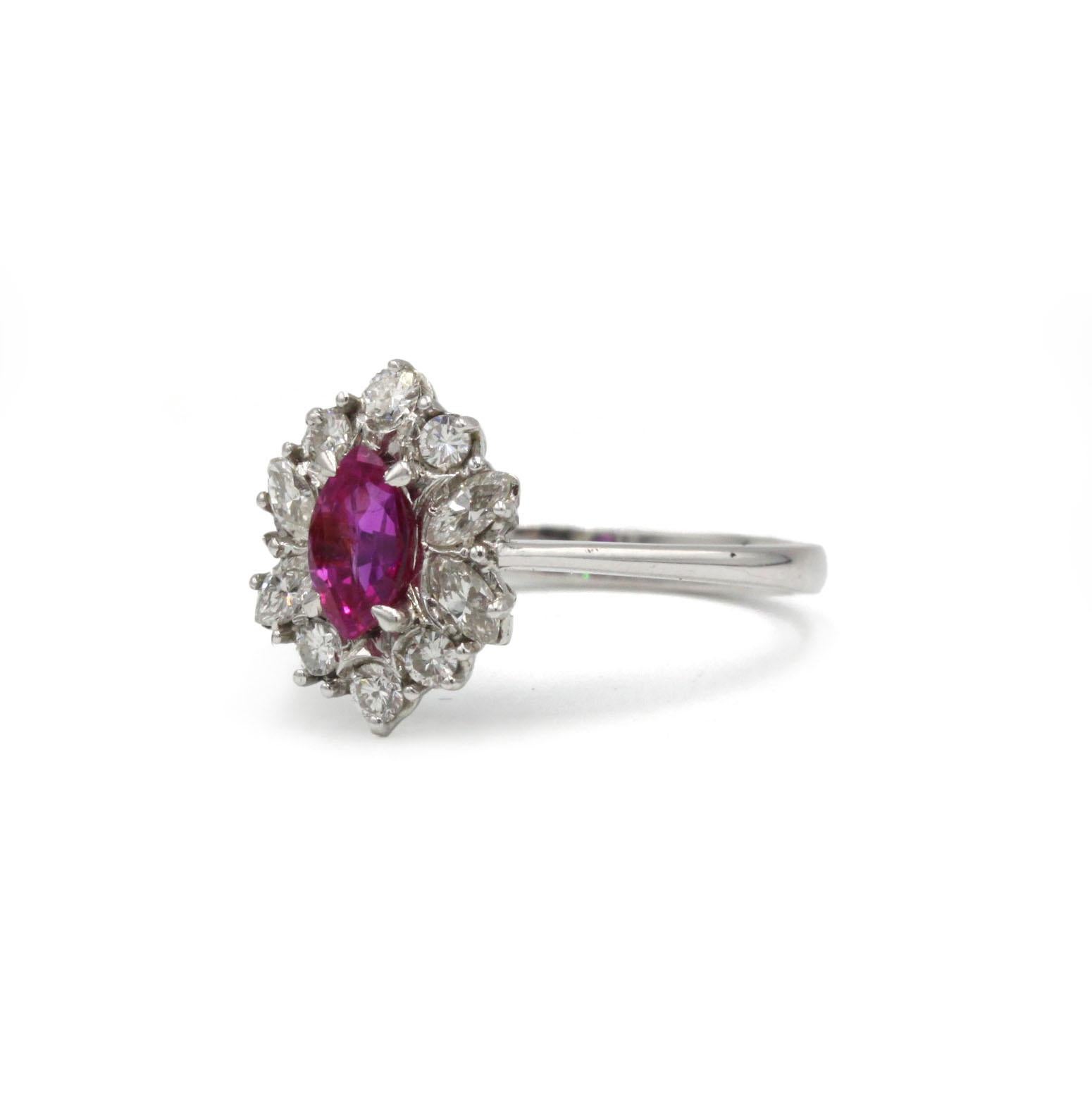 Retro 18K White Gold Ruby and Diamond Cluster Ring — Marquise Center Ruby For Sale