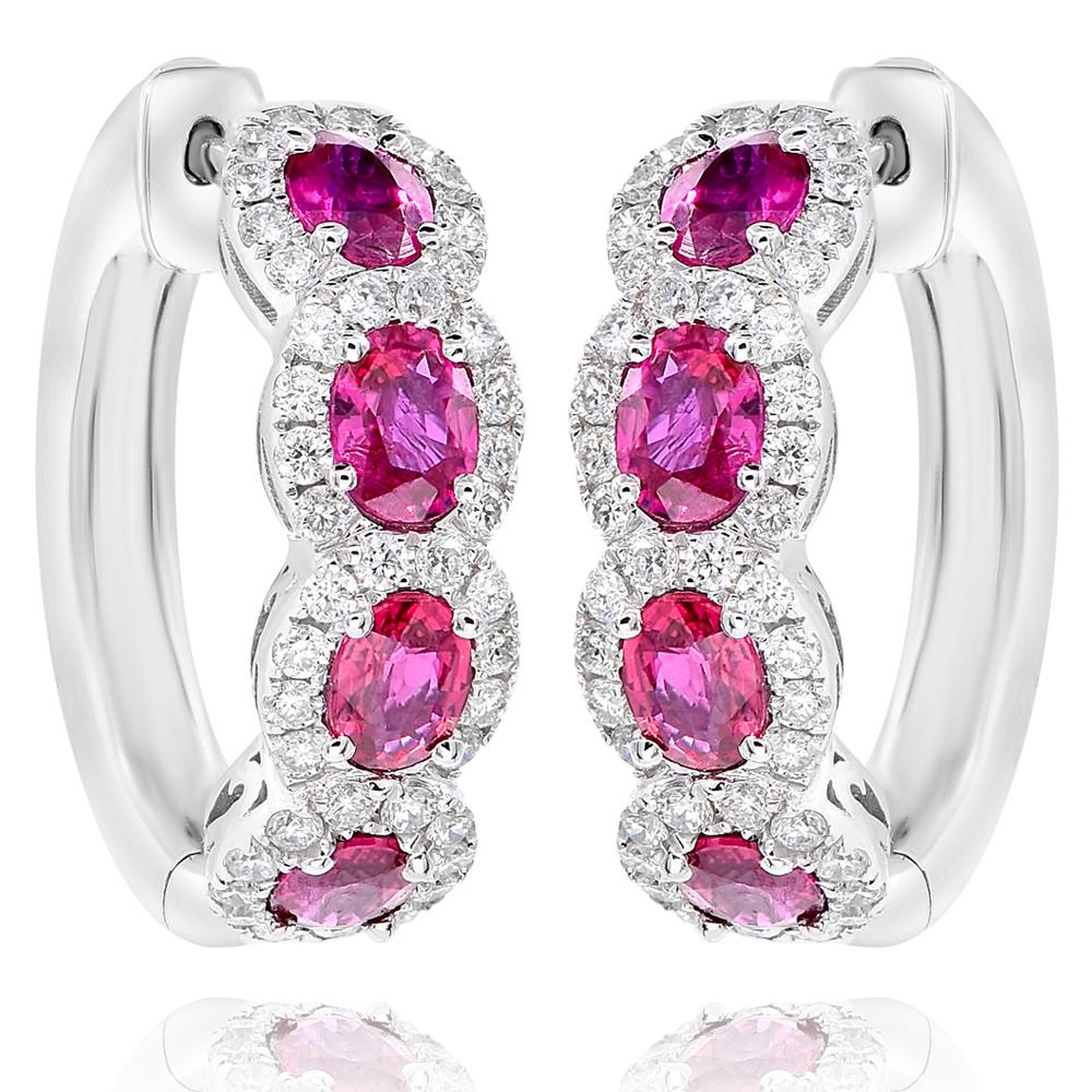 Round Cut 18K White Gold Ruby and Diamond Earrings For Sale
