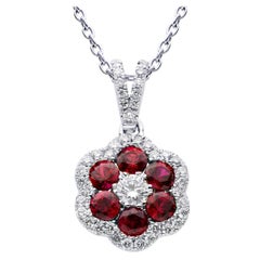 18K White Gold Ruby and Diamond Flower Pendant