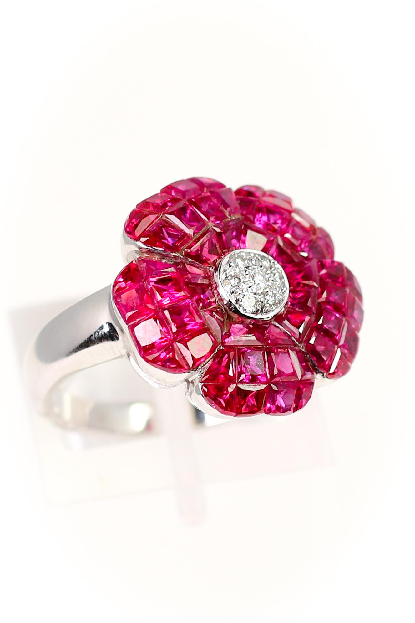 Modern 18 Karat White Gold Ruby and Diamond Flower Ring