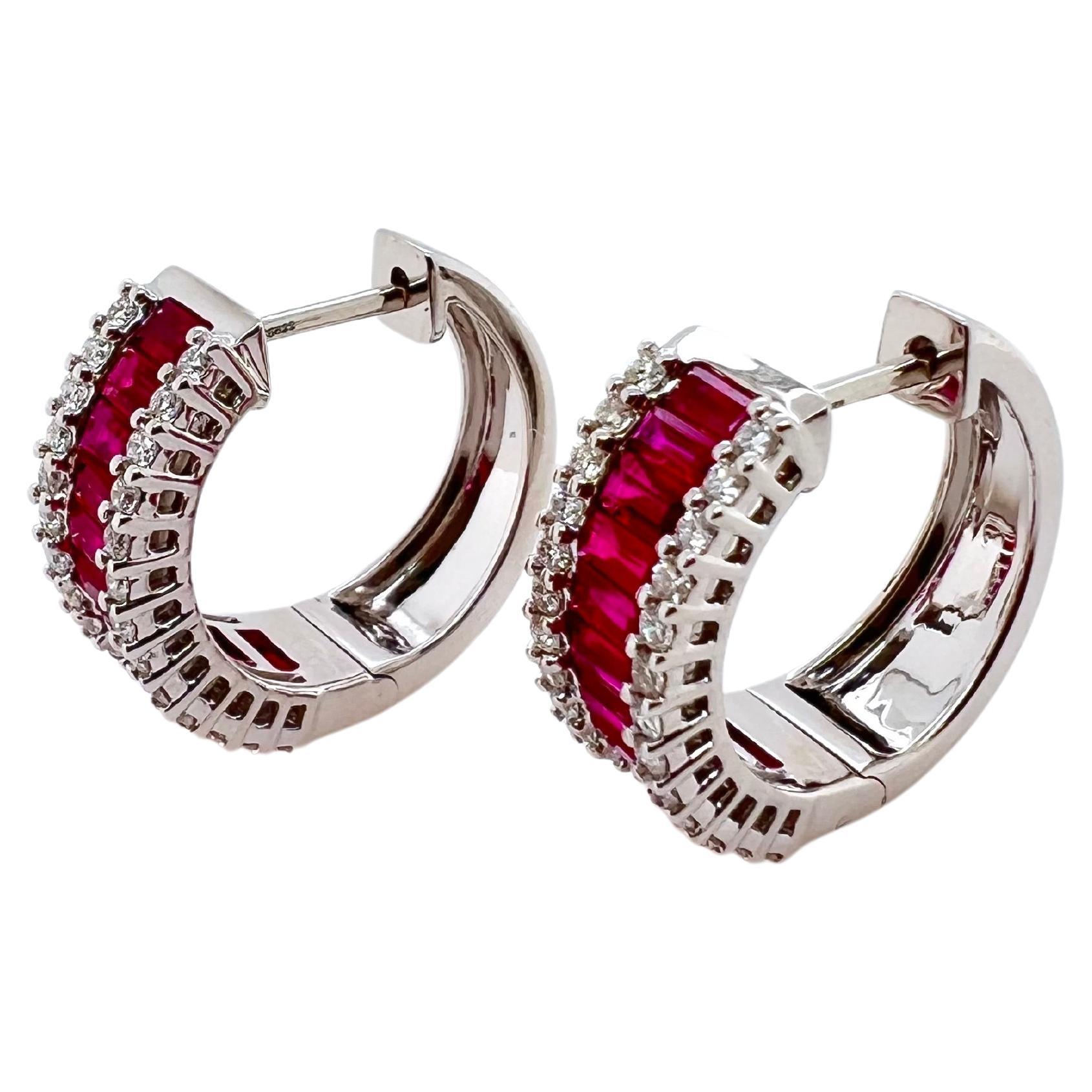 Contemporary 18k White Gold Ruby and Diamond Hoop Earrings For Sale