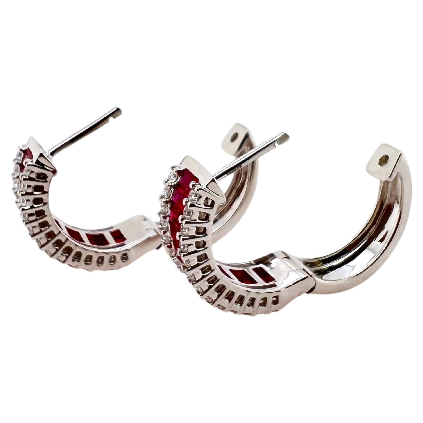 Baguette Cut 18k White Gold Ruby and Diamond Hoop Earrings For Sale