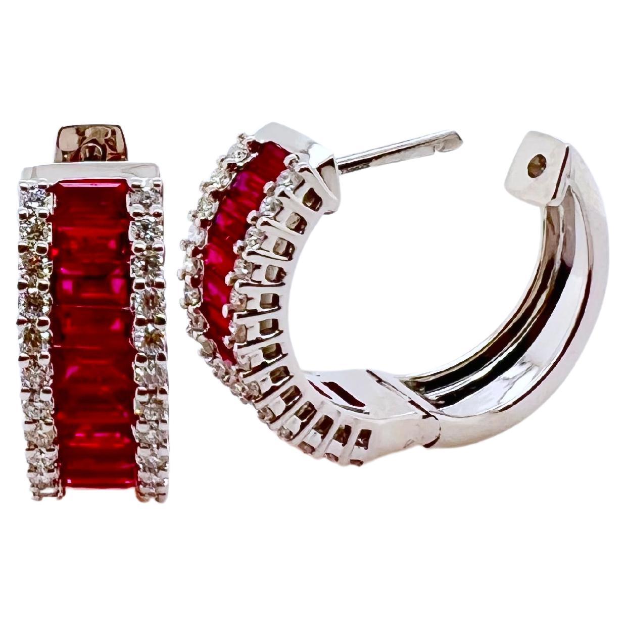18k White Gold Ruby and Diamond Hoop Earrings For Sale