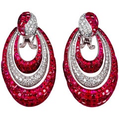 18K white gold Ruby and Diamond Hoop invisible stud Earrings
