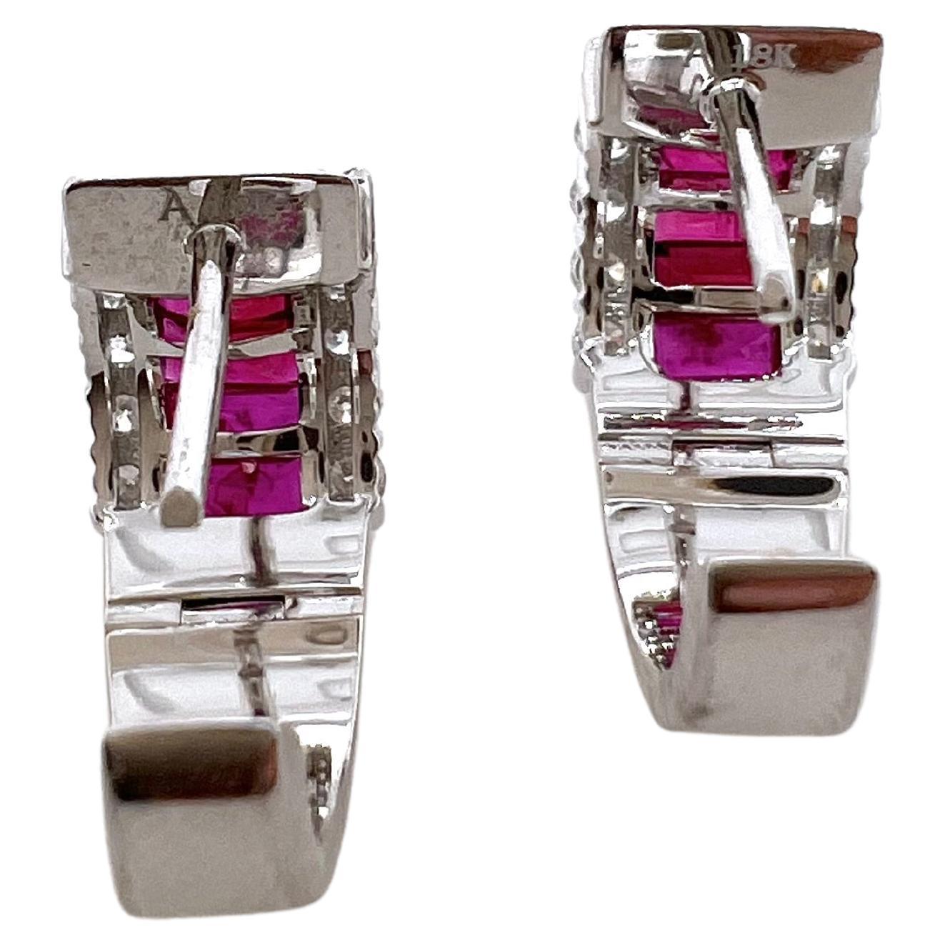Baguette Cut 18k White Gold Ruby and Diamond Huggie Earrings For Sale