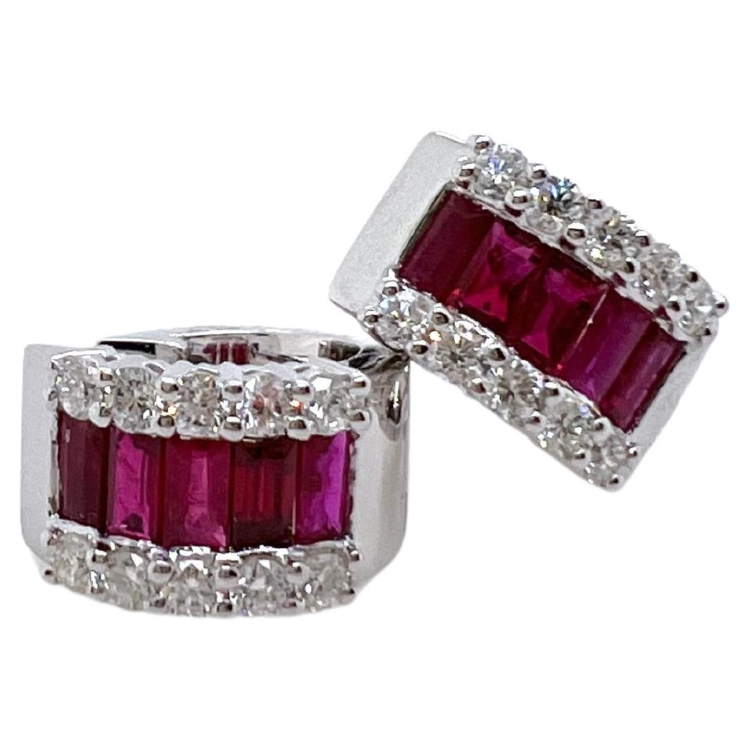 18k White Gold Ruby and Diamond Huggie Earrings In New Condition For Sale In Carrollton, TX