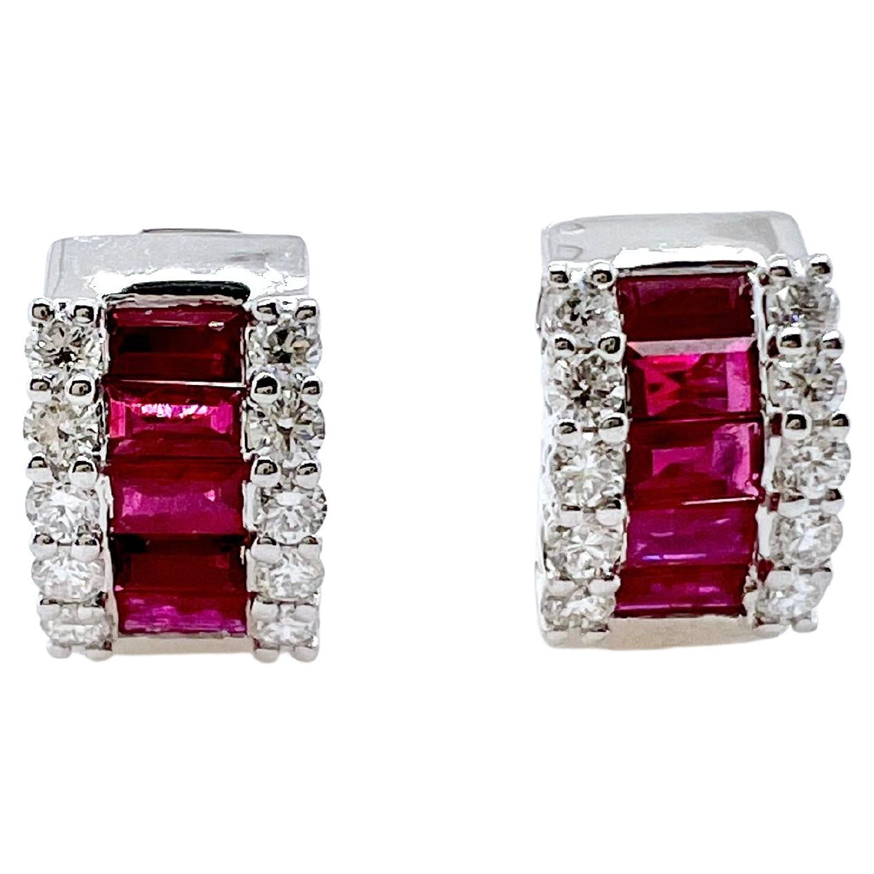 18k White Gold Ruby and Diamond Huggie Earrings For Sale