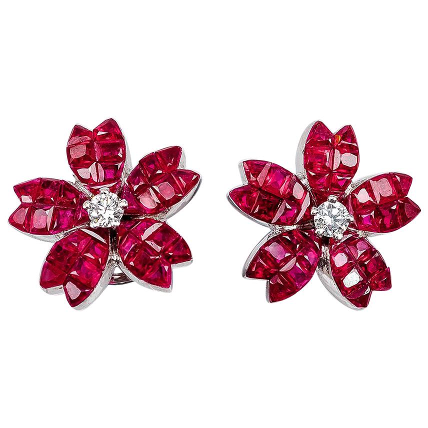 18K White gold Ruby and diamond invisible Stud Earrings