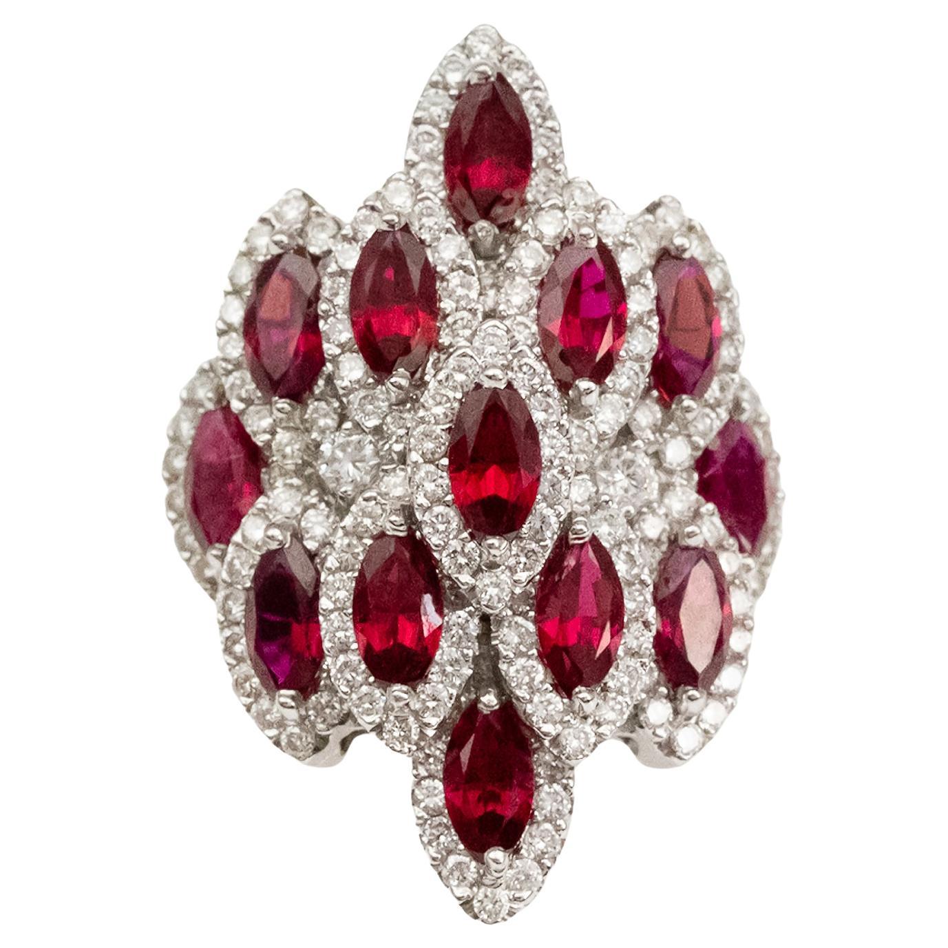 18K White Gold Ruby and Diamond Marquise Cocktail Ring