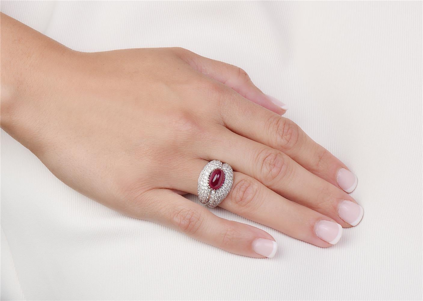 Round Cut 18 Karat White Gold Ruby and Diamond Pave Cocktail Ring For Sale