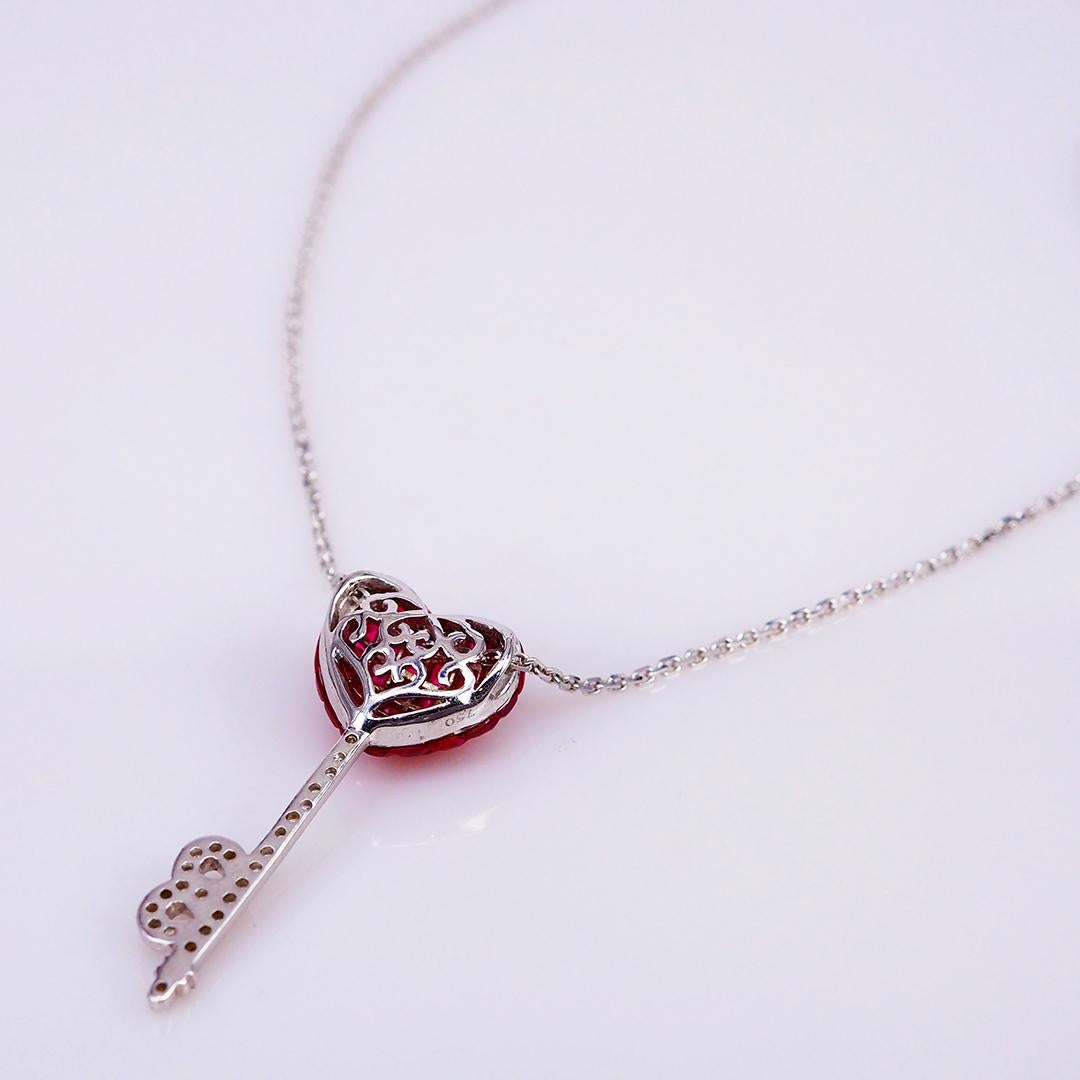Modern 18 Karat White Gold Ruby and Diamond Pendant Necklace Heart Key For Sale