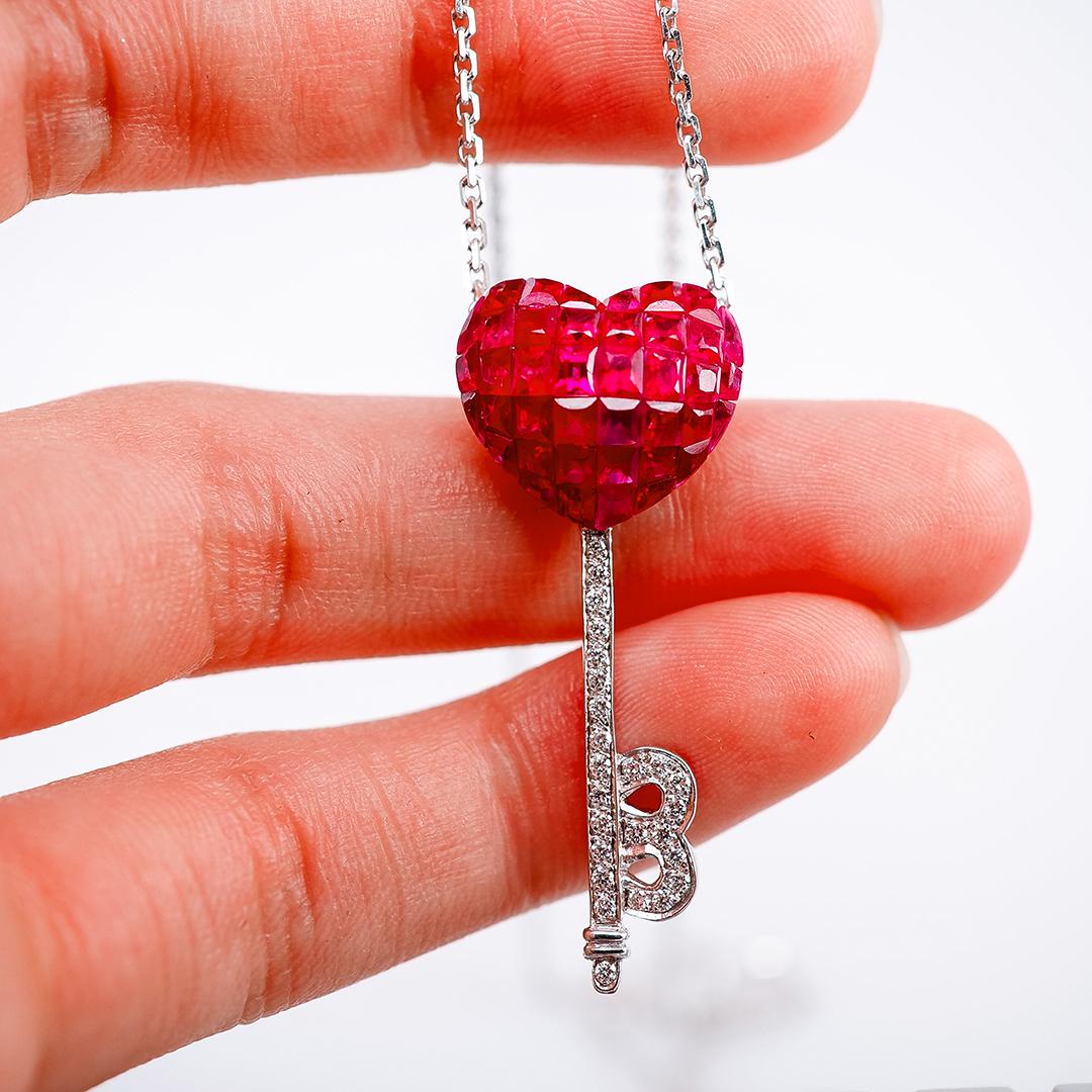 Women's 18 Karat White Gold Ruby and Diamond Pendant Necklace Heart Key For Sale