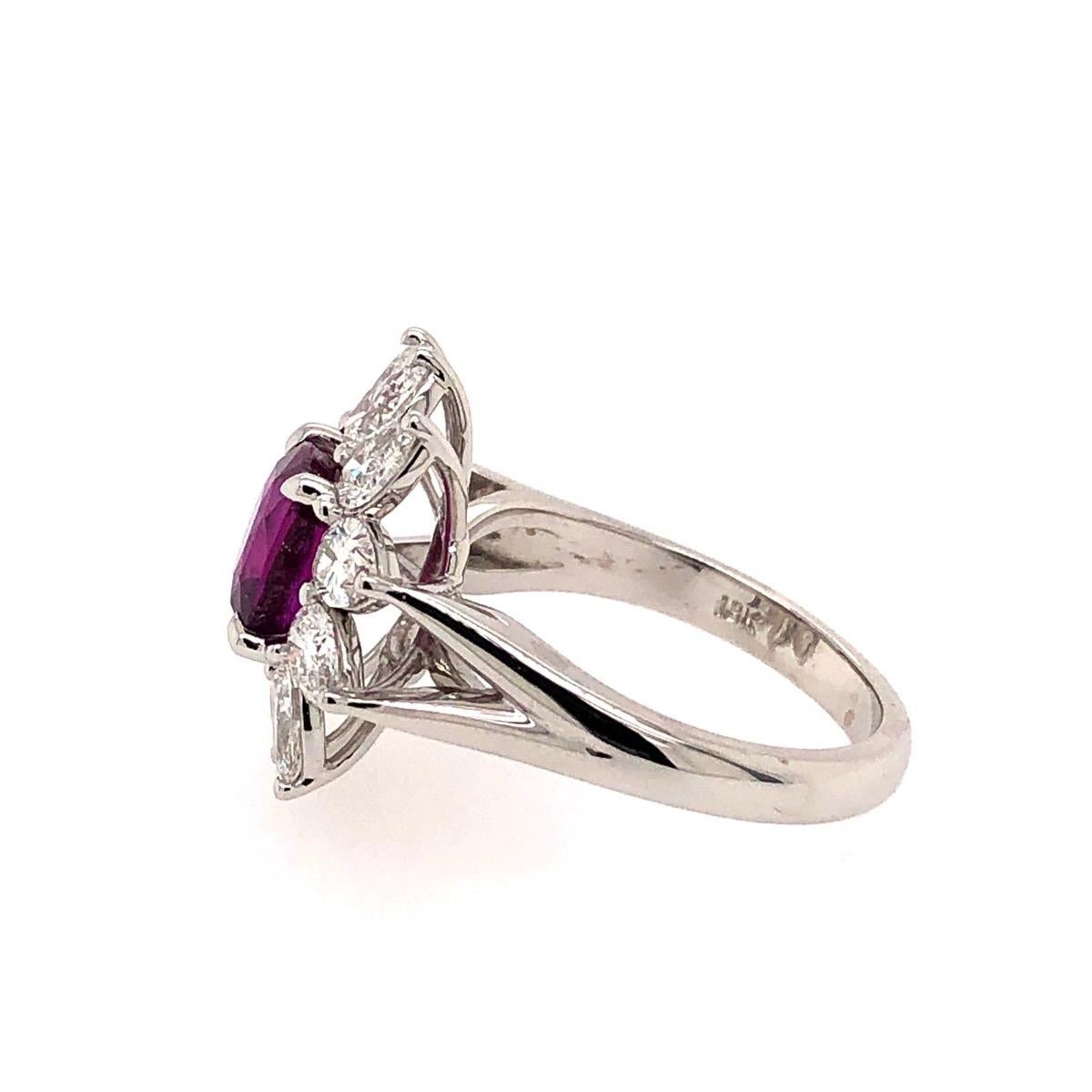 Style: Ruby Ring with White Diamonds 

Metal type:  18kt White Gold 

1 2.56ct Cushion Purplish-Pink Ruby

10 total 1.90ct Pear Shapes 
  
Location Of Stone: Madagascar   

Has 1 GRS Certificate. GRS Number: GRS2018-056548