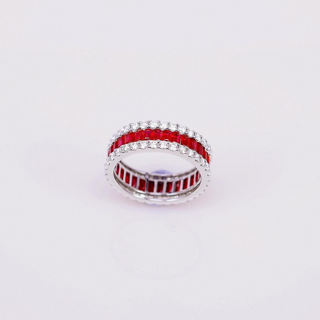 Baguette Cut 18 Karat White Gold Ruby and Diamond Small Eternity Ring For Sale