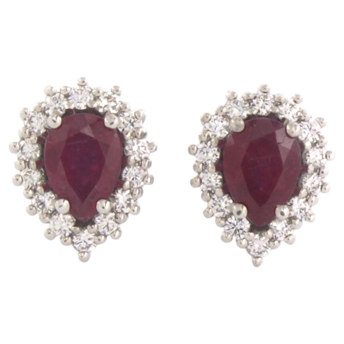 18k White Gold Ruby and Diamond Stud Earrings, Modern Design, 2.16ct