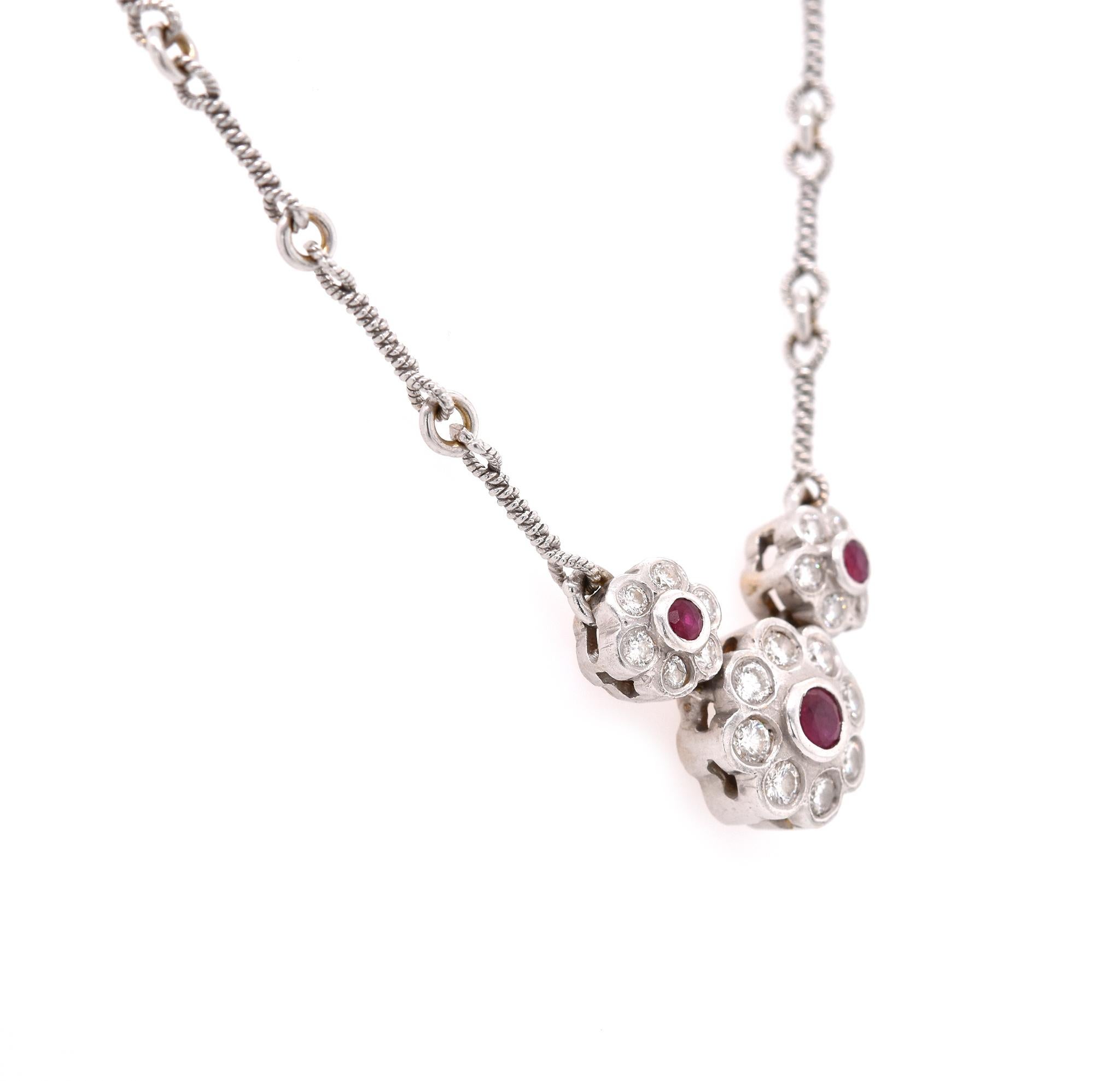 Designer: custom design
Material: 18k white gold
Gemstone: 3 round cut rubies
Diamonds: 20 round brilliant cuts = 0.48cttw
Color: G
Clarity: VS
Dimensions: necklace measures 15-inches in length
Weight: 8.9 grams
