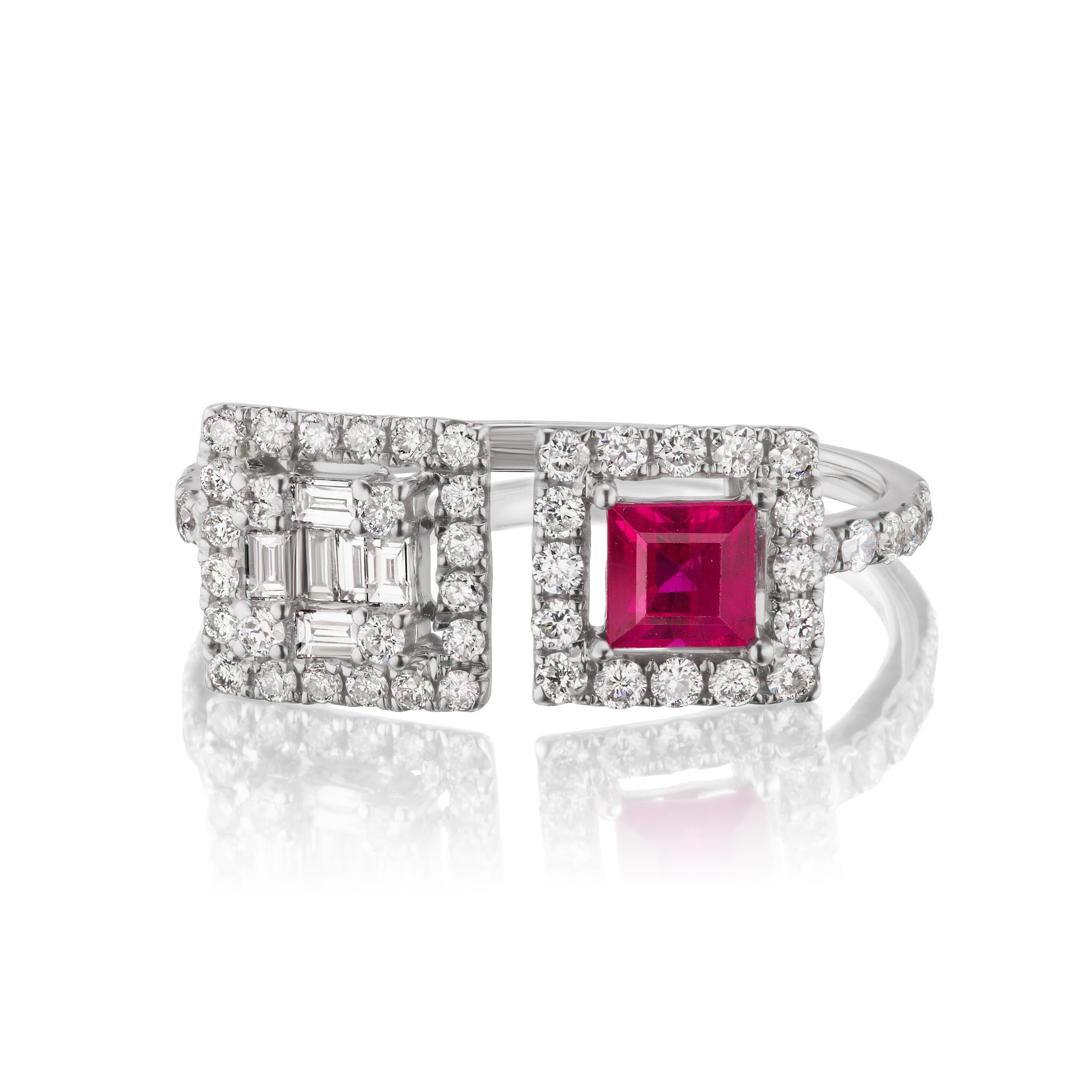 Add a touch of modern elegance to your fingers with this ring set in 18K white gold. This bypass ring is featured with 1 ruby, 6 baguette diamonds and 52 pave round diamonds.
JEWELRY SPECIFICATION:
Gross Weight: 2.57 gram
Total Metal Weight: 2.37