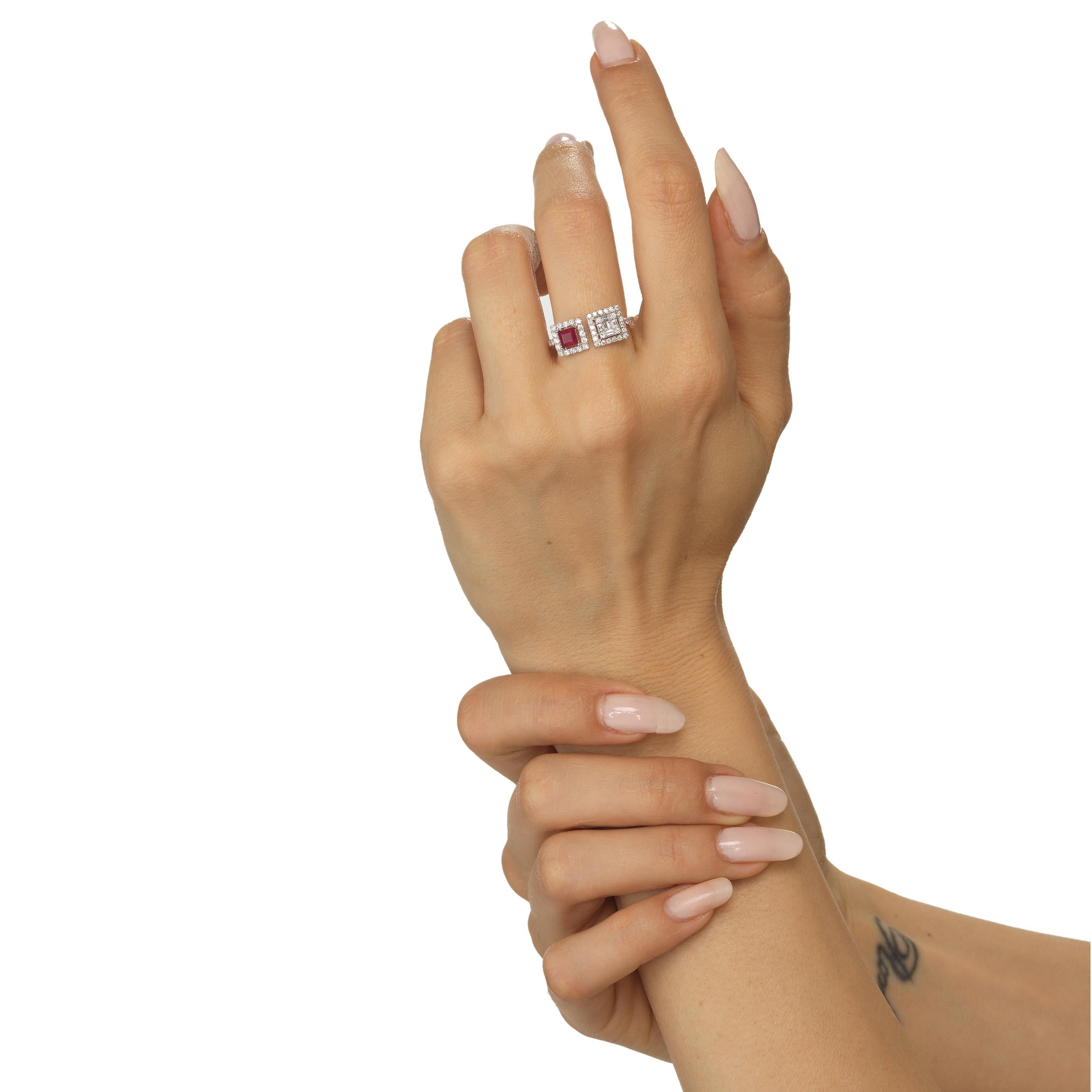 Baguette Cut 18K White Gold Ruby and Pave Diamond Bypass Ring