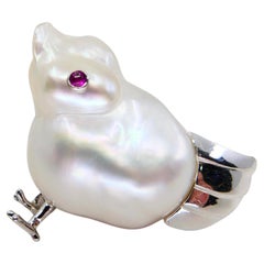 18K White Gold, Ruby and Pearl Bird Brooch, Naturally Realistic