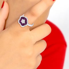 18K White Gold Ruby Baguette and Diamond Floral Cluster Ring