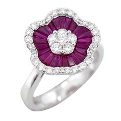 18K White Gold Ruby Baguette and Diamond Floral Cluster Ring