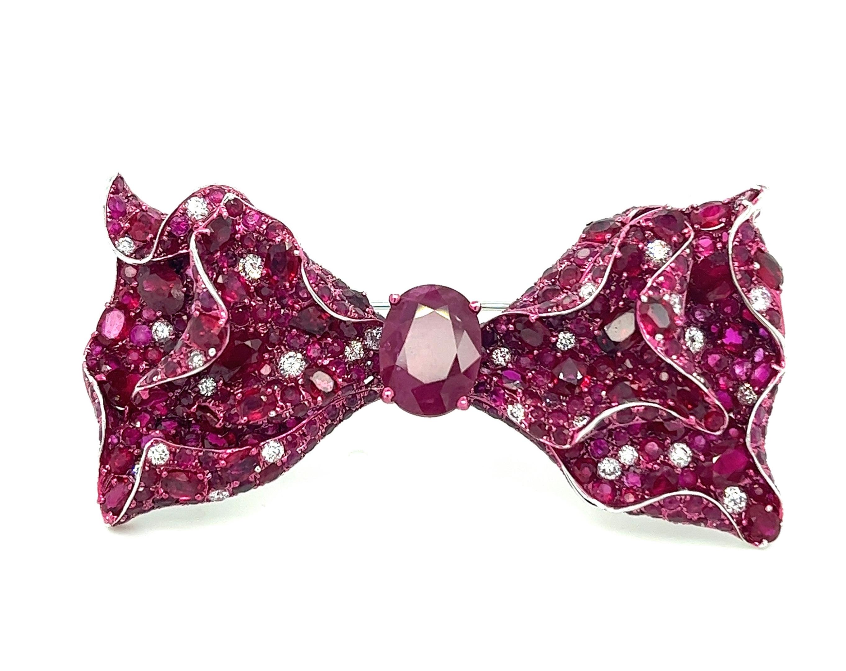 Modern 18K White Gold Ruby Bow Brooch with Diamonds For Sale