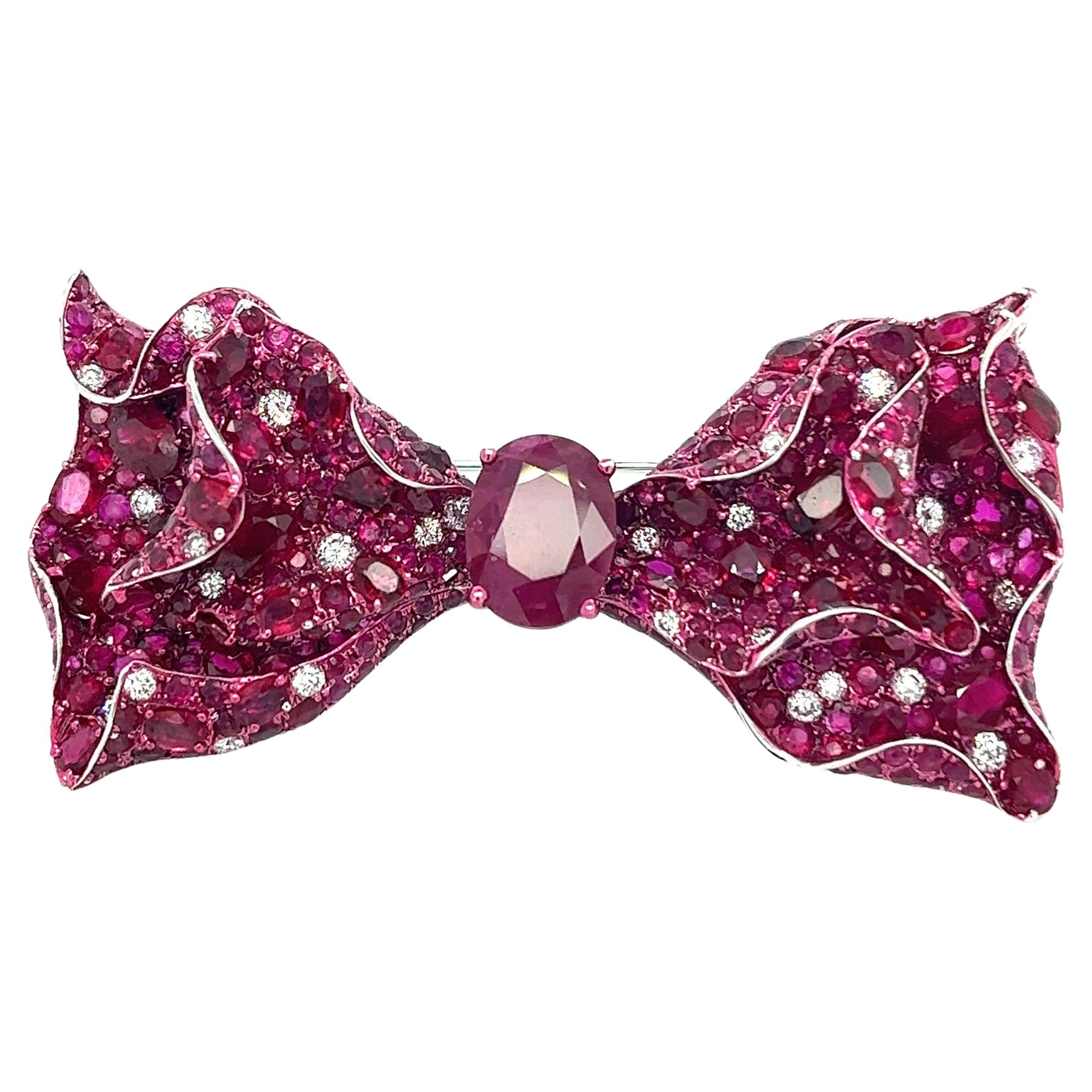 18K White Gold Ruby Bow Brooch with Diamonds For Sale