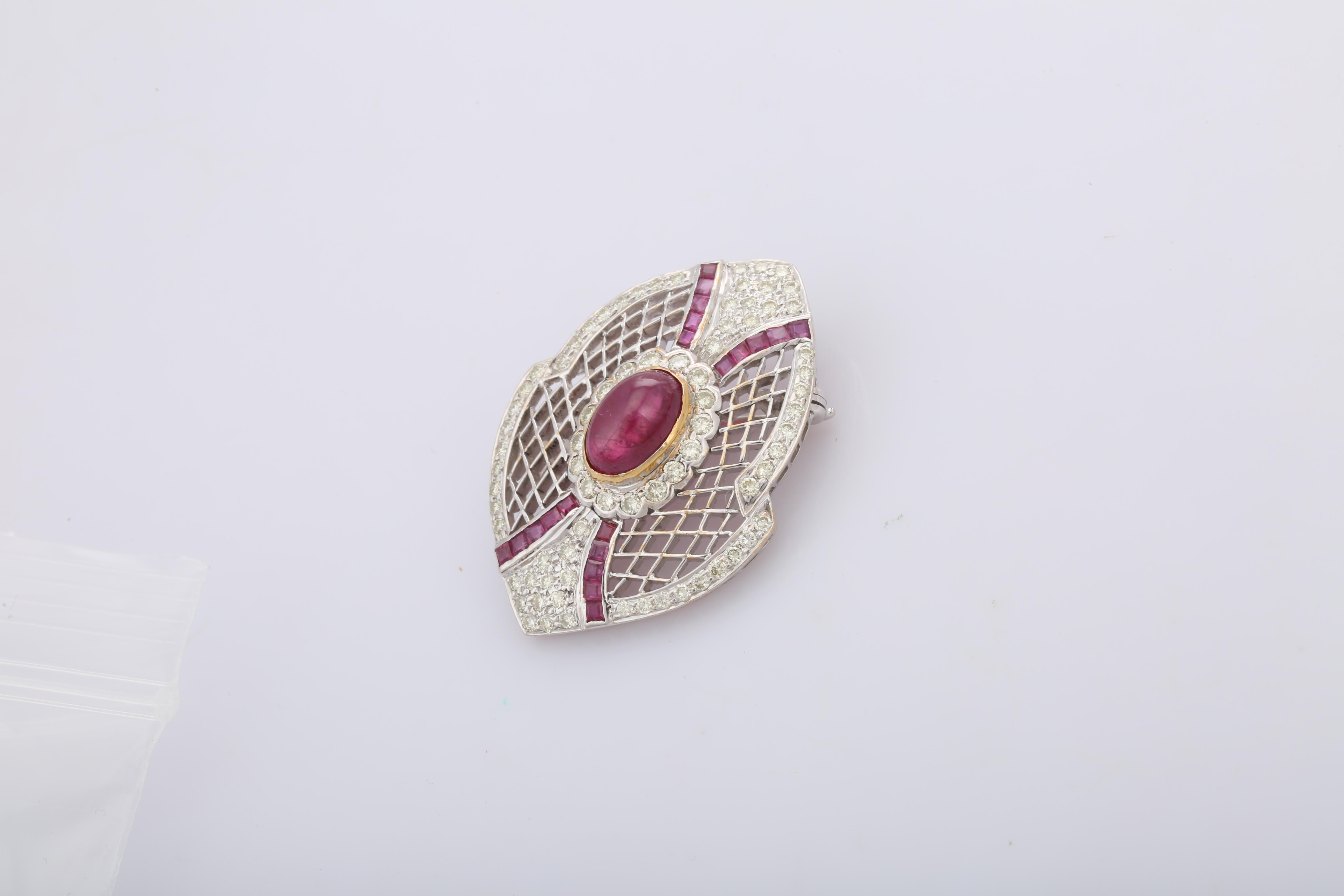 Oval Cut Art Deco Style Diamond Ruby Brooch Pin 18k Solid White Gold, Unisex Jewelry For Sale