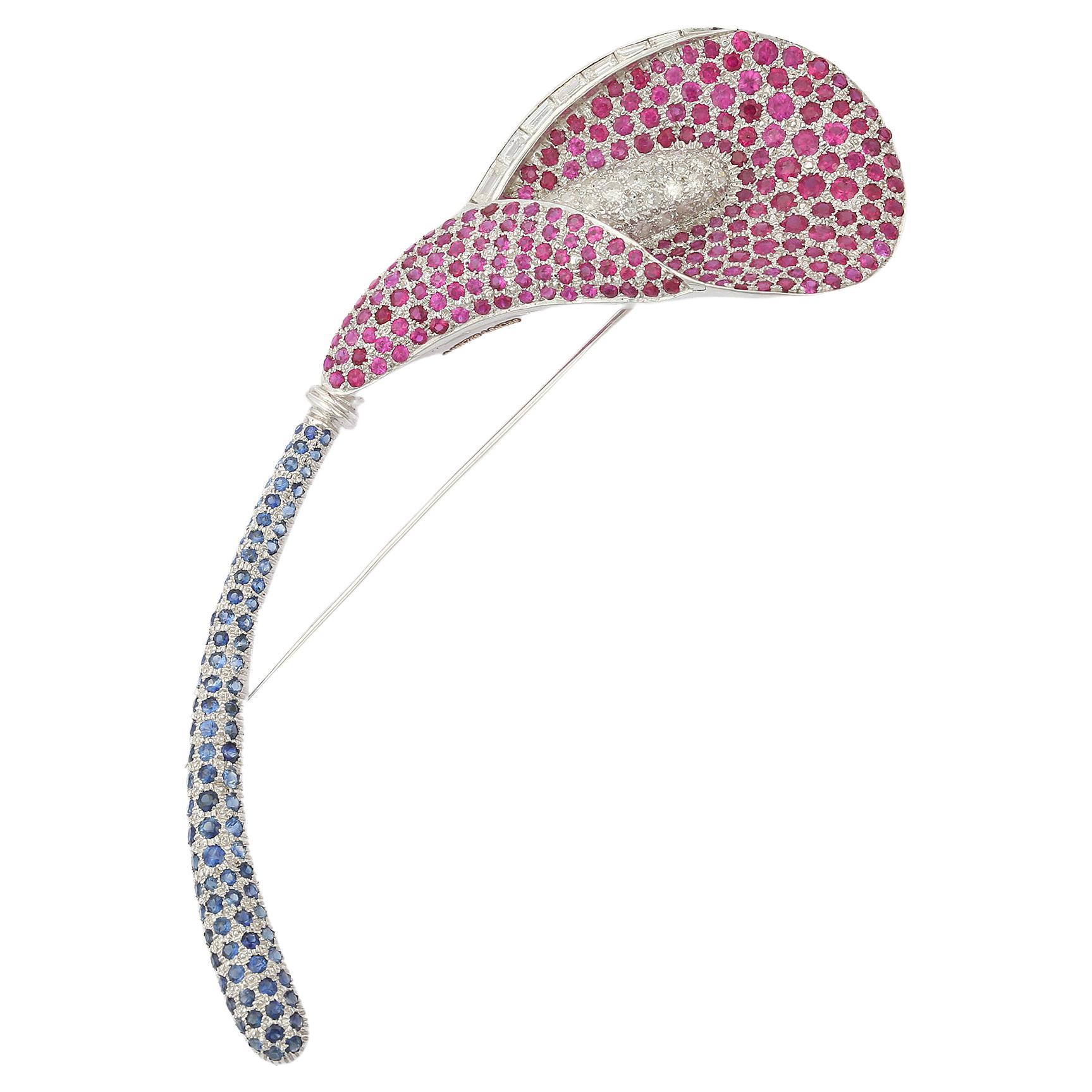 Modern Enticing Ruby and Sapphire Brooch Pin with Diamonds in 18k Solid White Gold For Sale