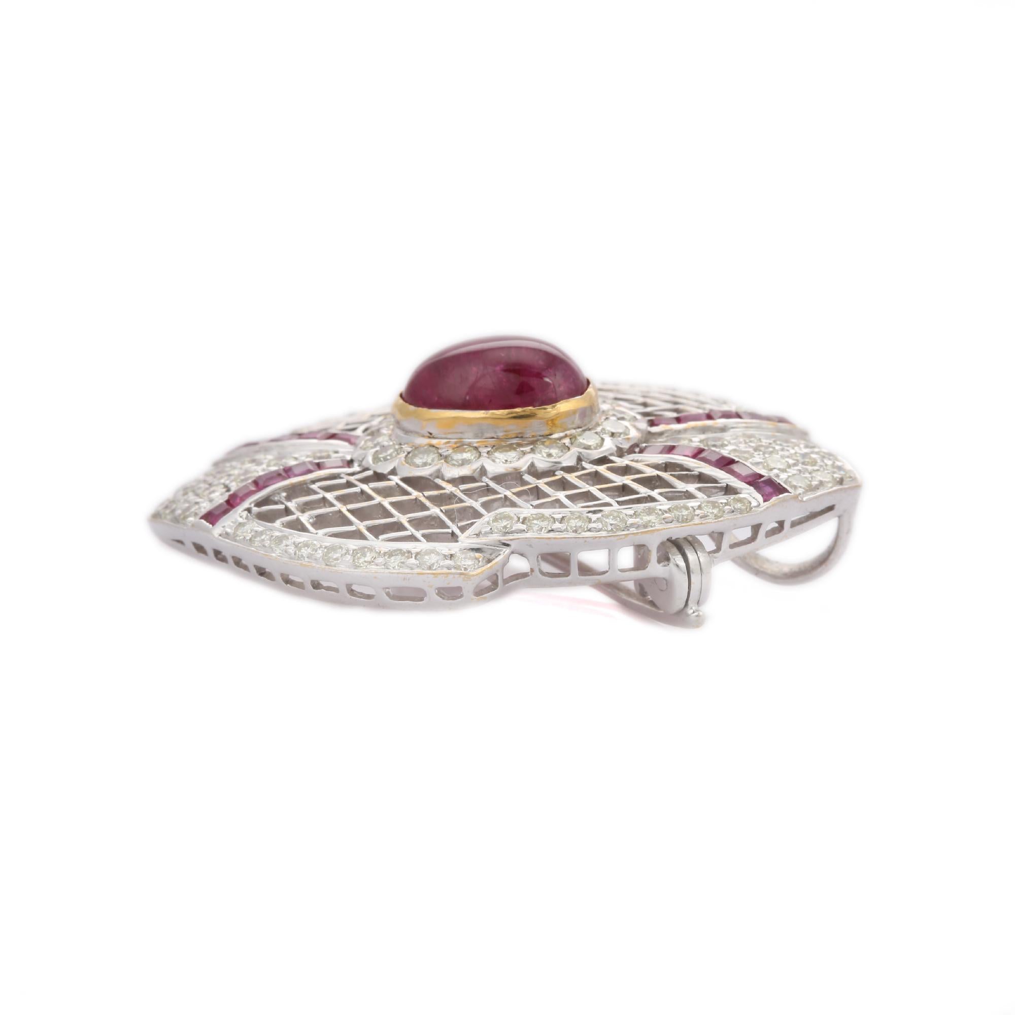 Art Deco Style Diamond Ruby Brooch Pin 18k Solid White Gold, Unisex Jewelry In New Condition For Sale In Houston, TX