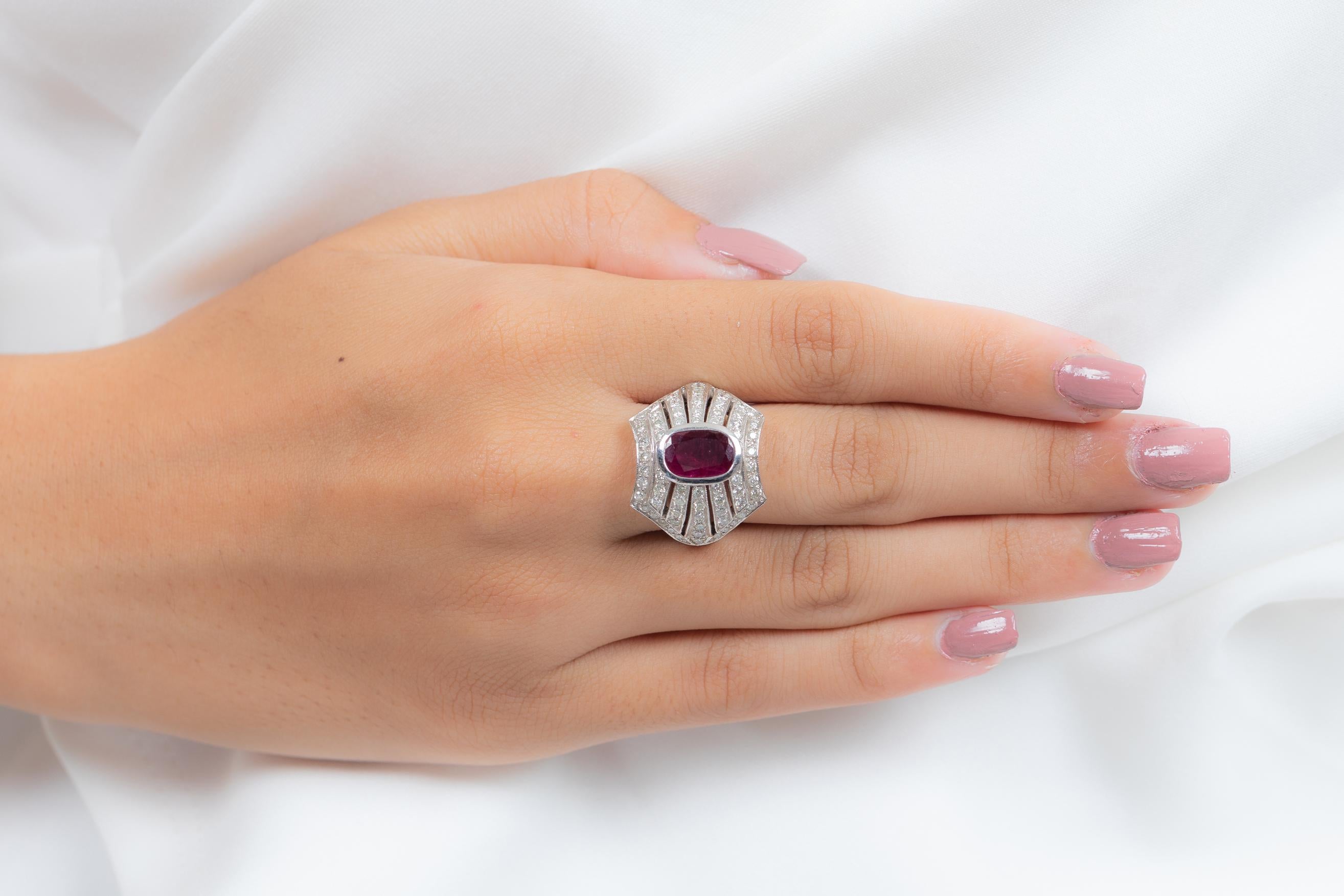 For Sale:  18K White Gold Ruby Cluster Wedding Diamond Ring 2