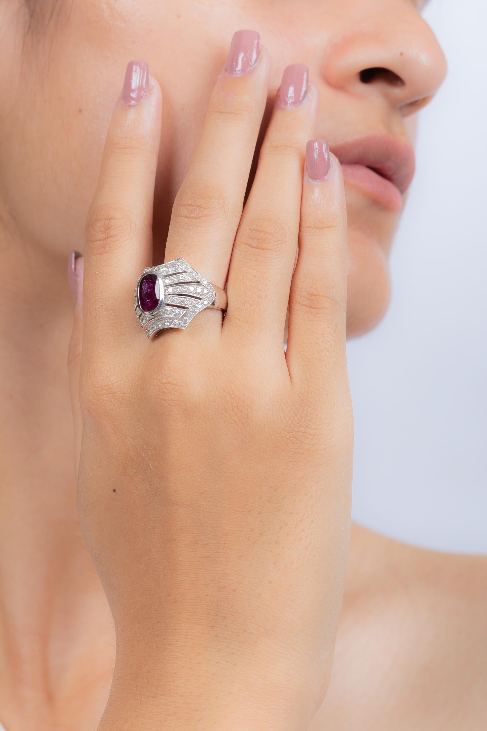 For Sale:  18K White Gold Ruby Cluster Wedding Diamond Ring 4