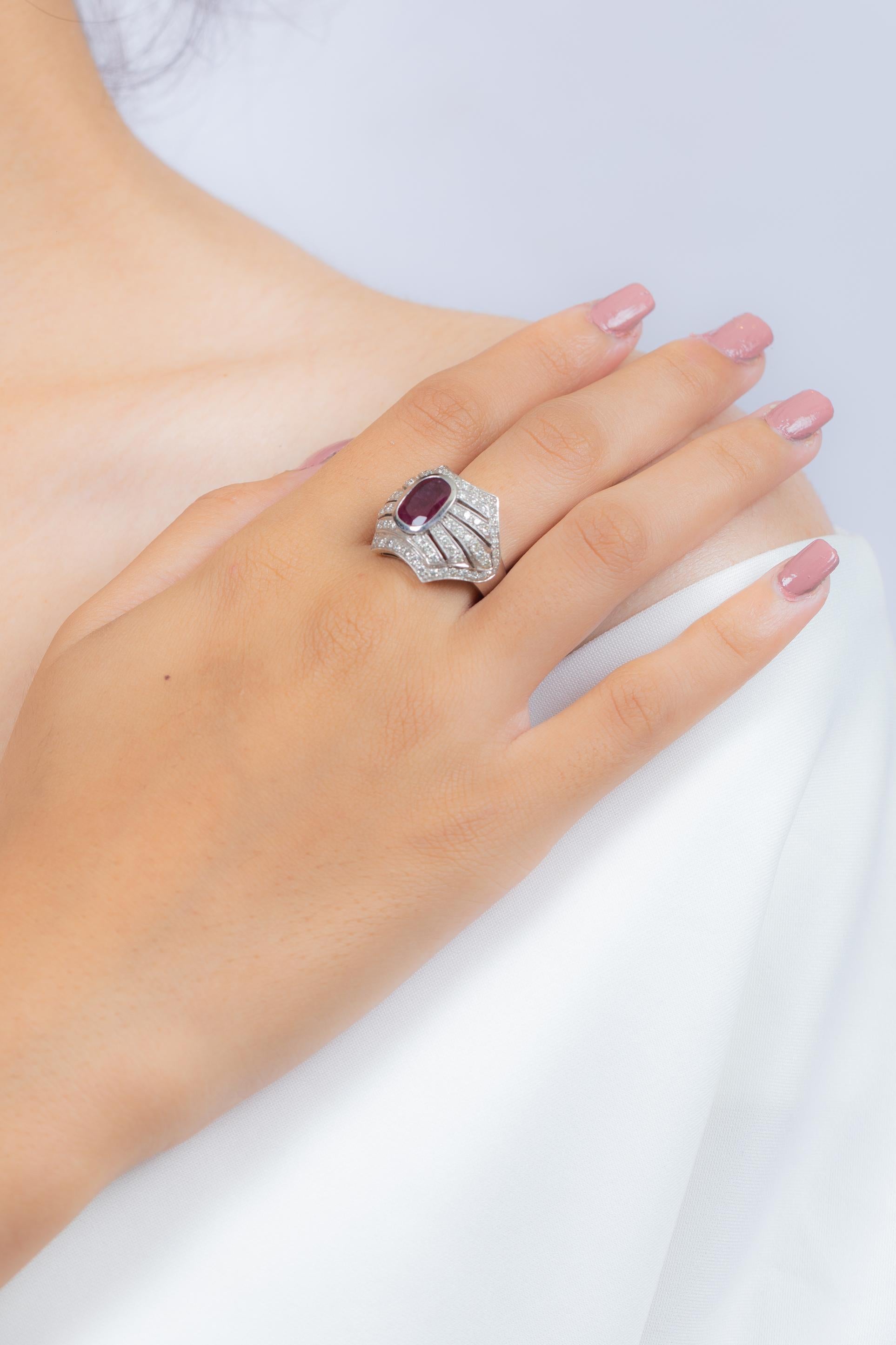 For Sale:  18K White Gold Ruby Cluster Wedding Diamond Ring 6