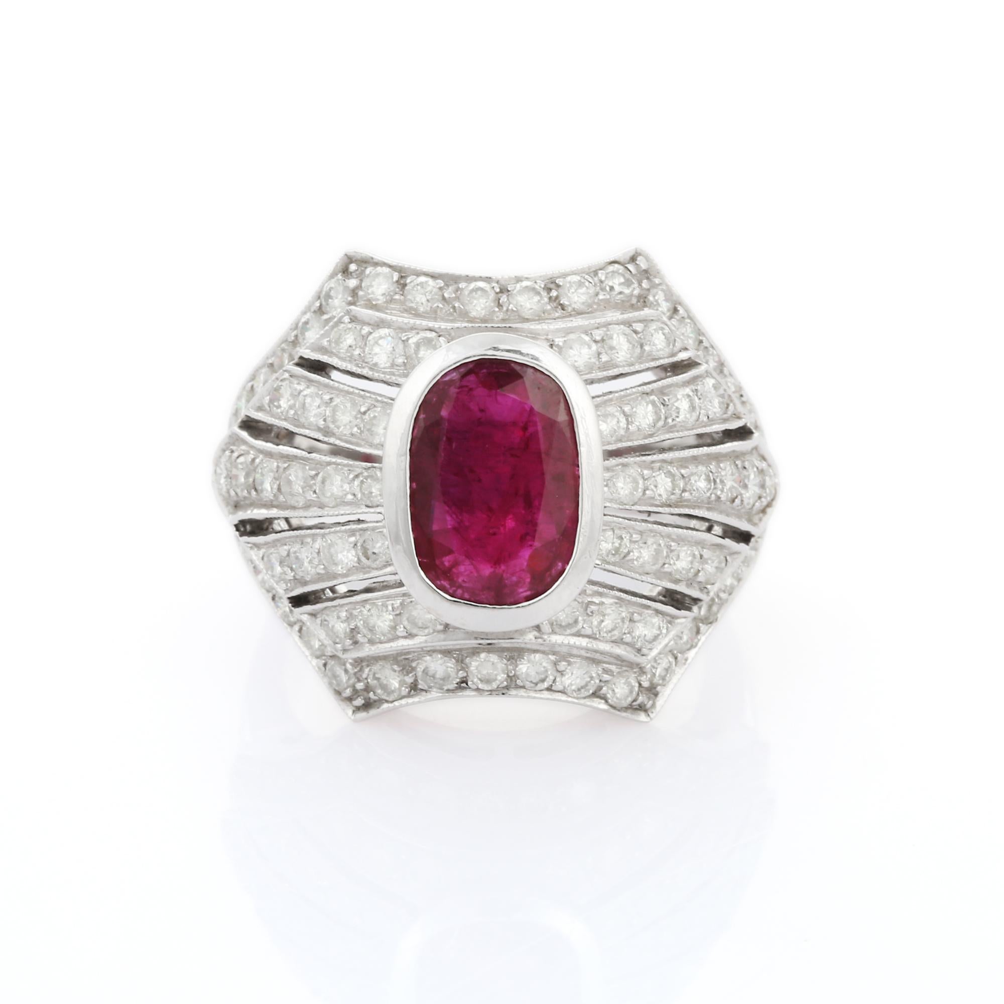 For Sale:  18K White Gold Ruby Cluster Wedding Diamond Ring 9