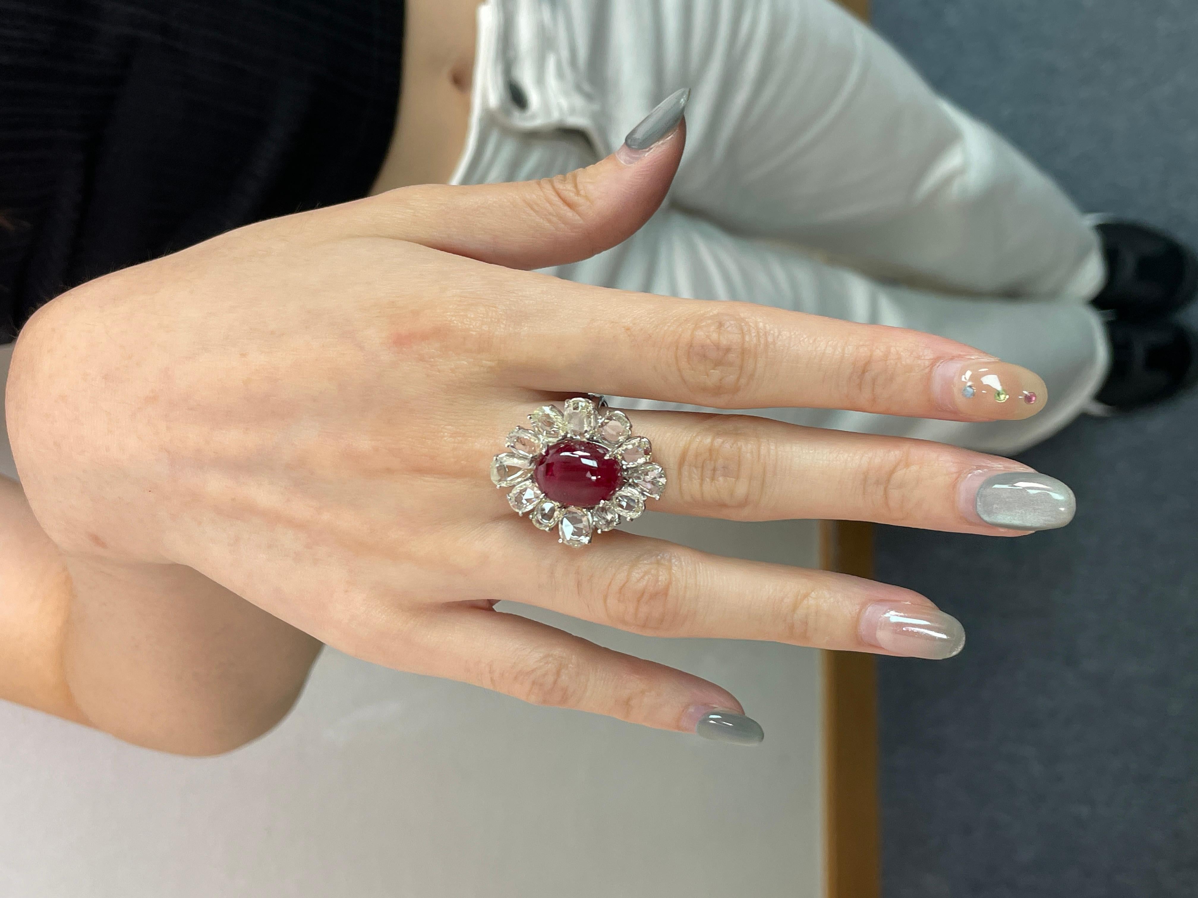 18k White Gold Ruby Cts 10.61 Rose-Cut Diamond Engagement Ring For Sale 11