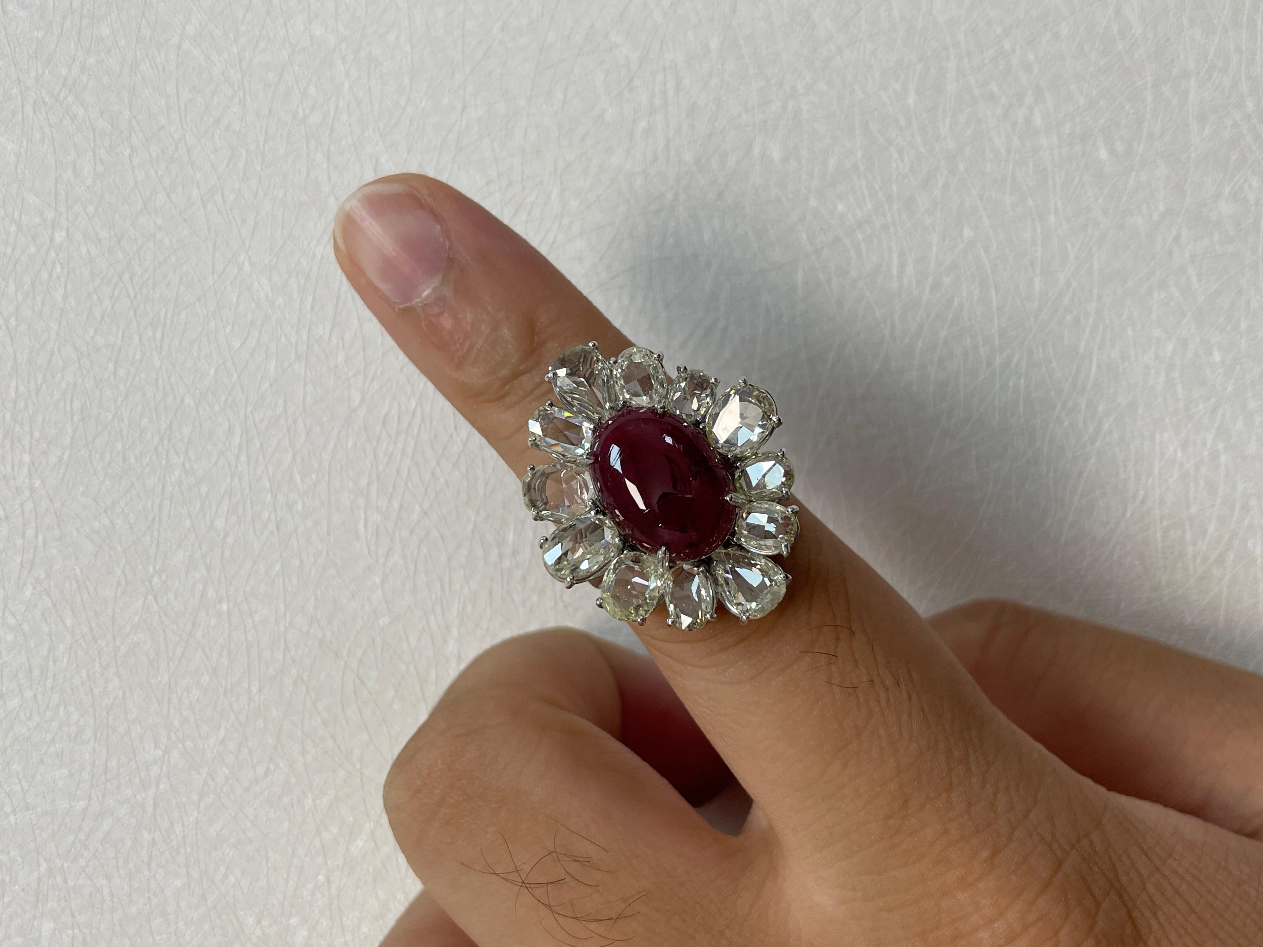18k White Gold Ruby Cts 10.61 Rose-Cut Diamond Engagement Ring For Sale 3