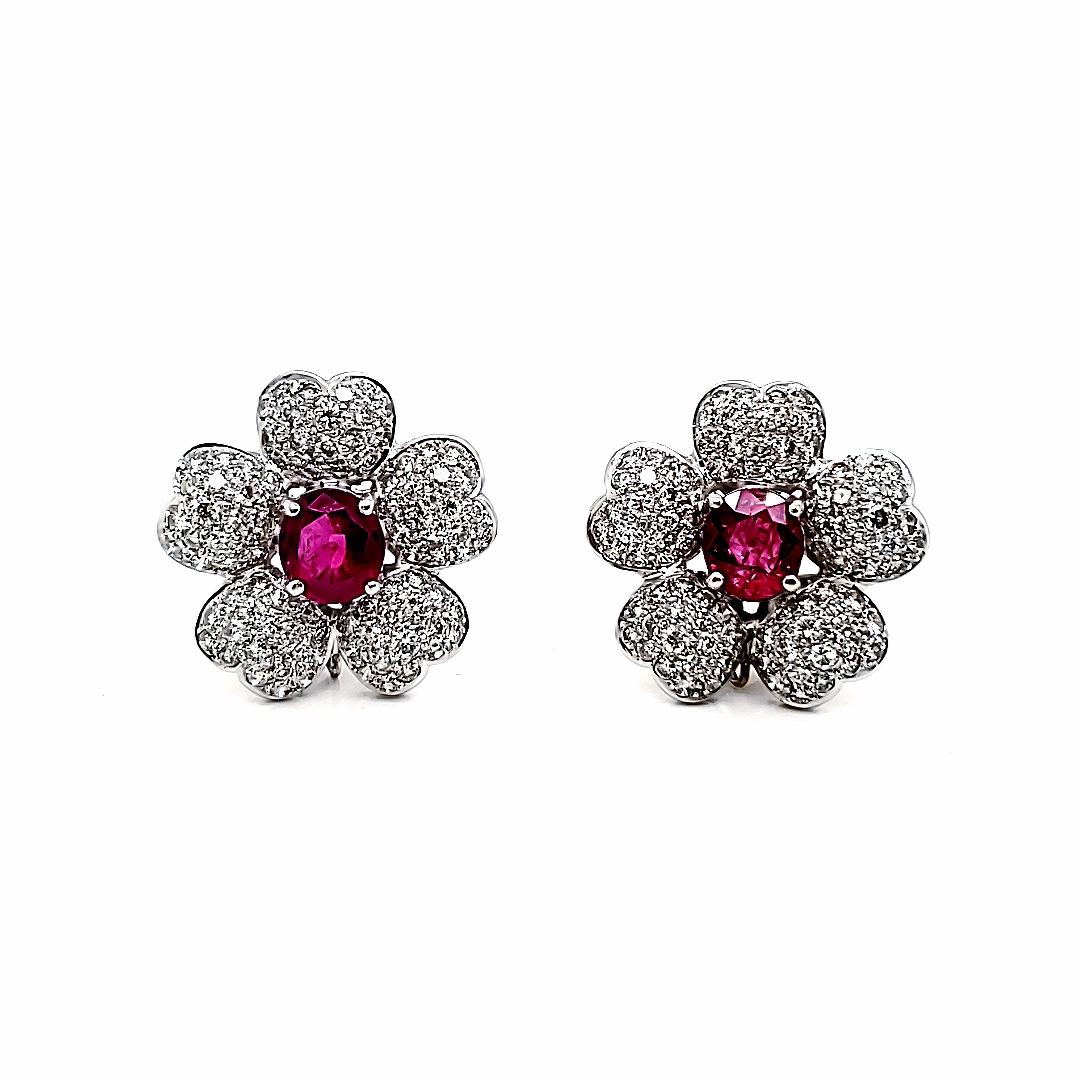 Round Cut 18k White Gold Ruby Cts 4.15 Diamond Tassel Earrings For Sale