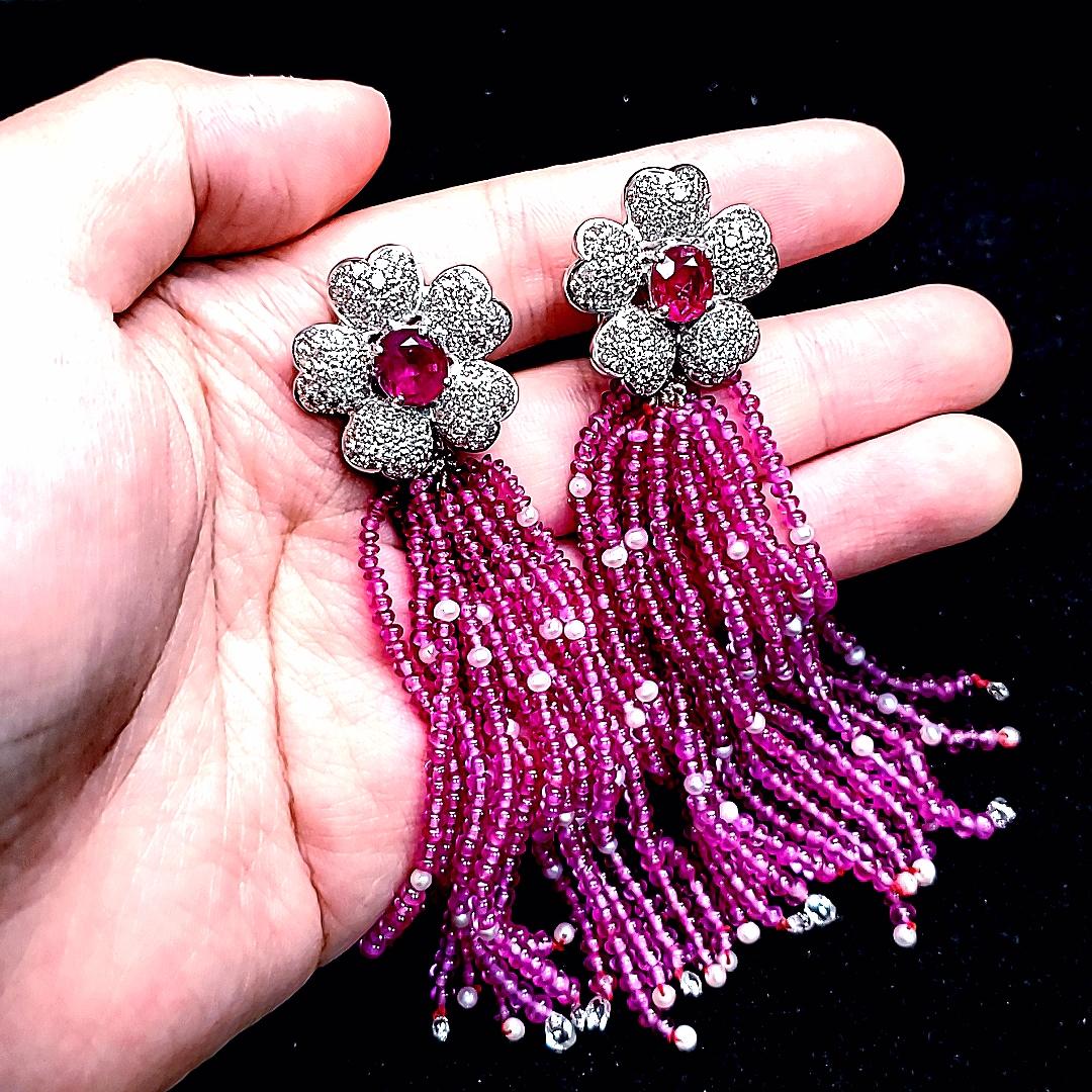 Women's 18k White Gold Ruby Cts 4.15 Diamond Tassel Earrings For Sale