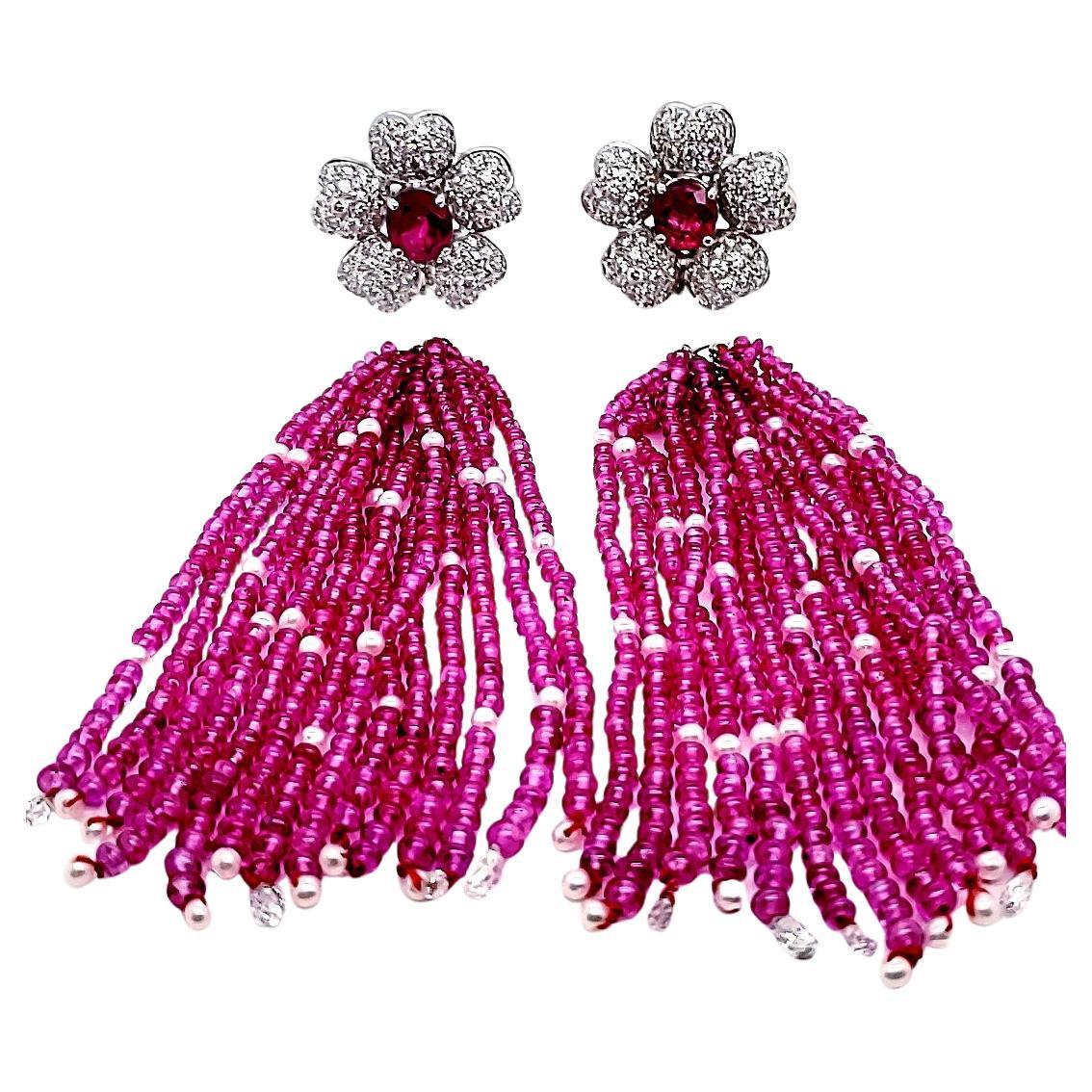 18k White Gold Ruby Cts 4.15 Diamond Tassel Earrings