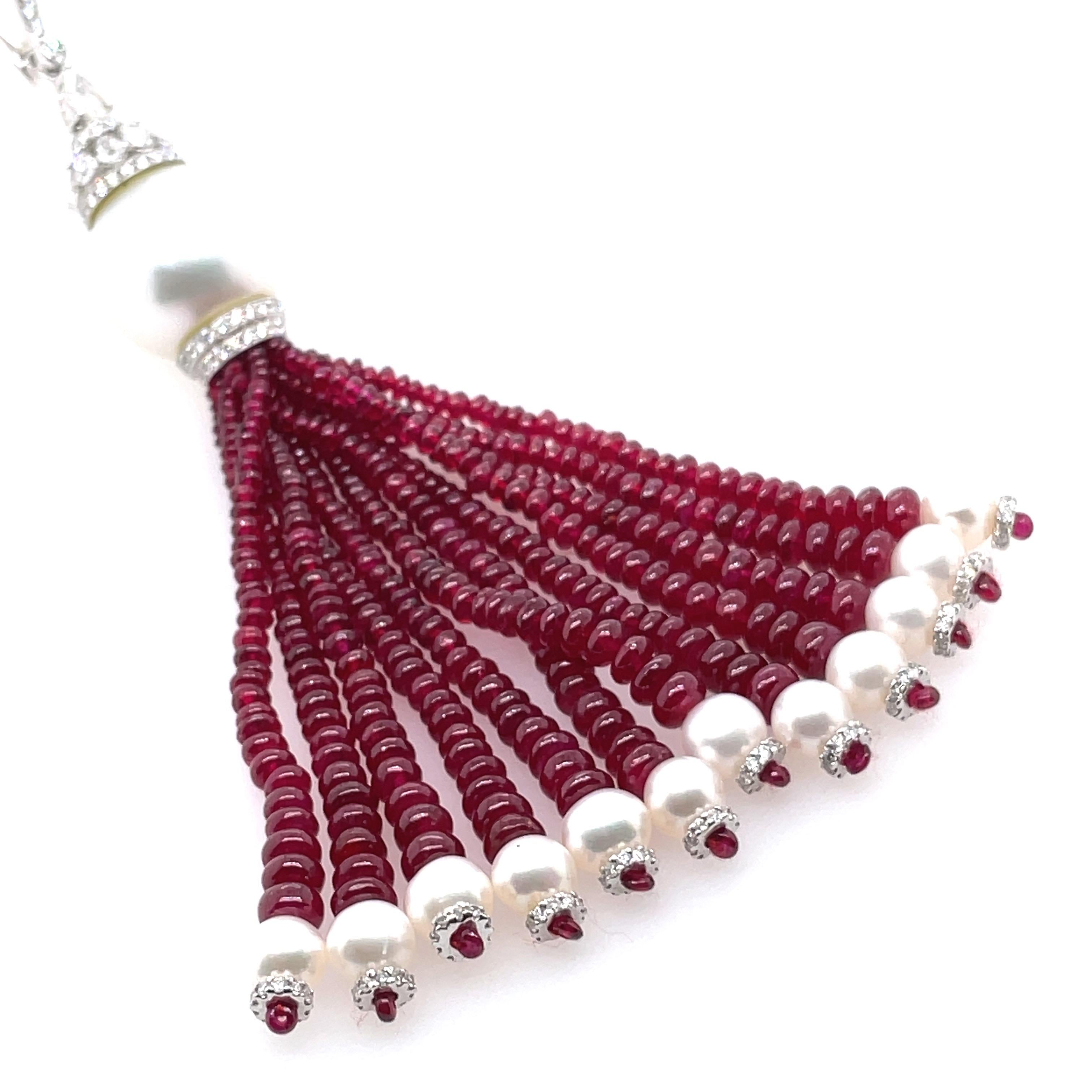 Featuring ruby beads totaling 62.10 carats and staggering pearls nestled at 8.55 carats, it exudes opulence at every turn. 

Rubies, scientifically known as corundum, are formed primarily of aluminum oxide and derive their vibrant red color from the