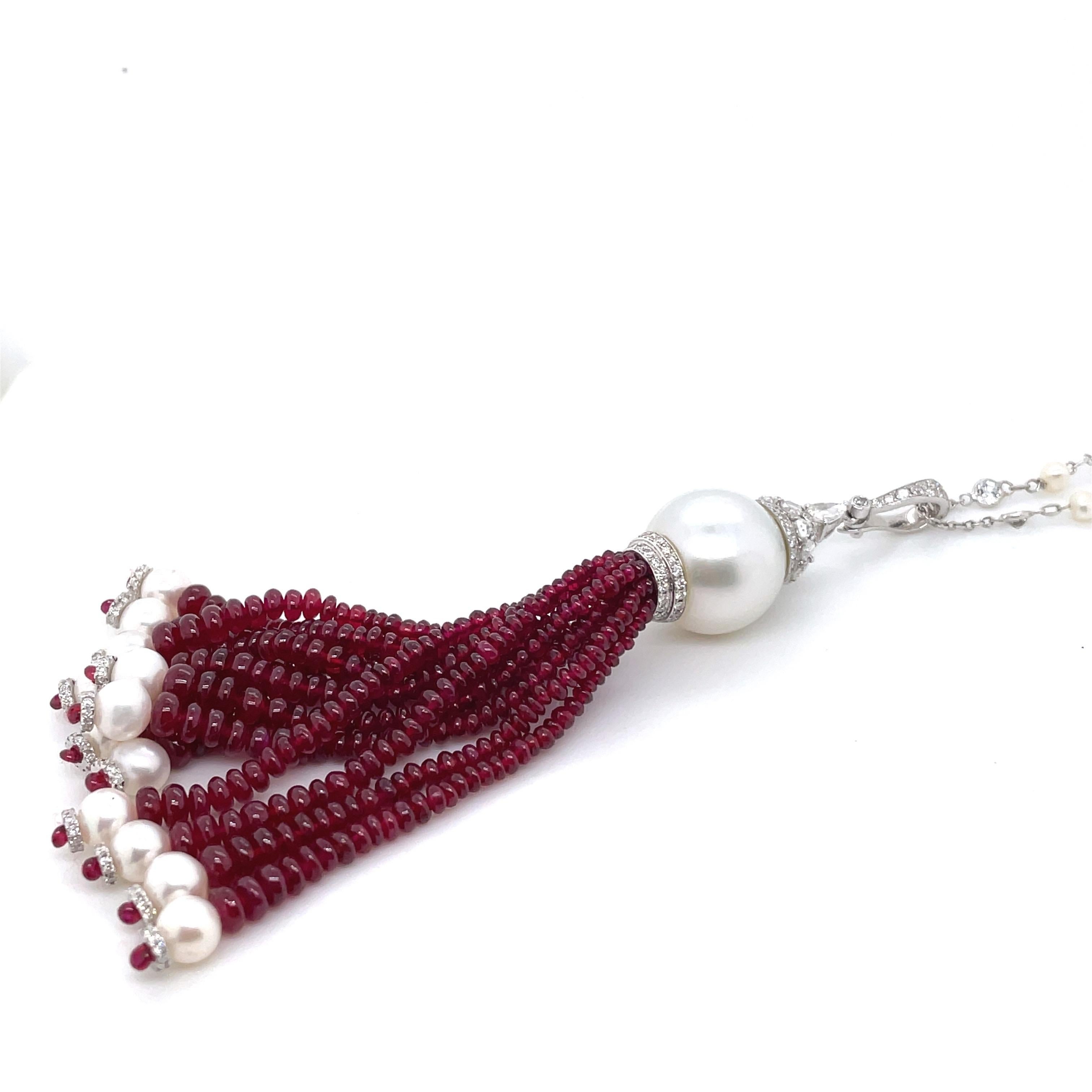 Contemporary 18k White Gold Ruby Cts 62.10 and Diamond Tassel Necklace For Sale
