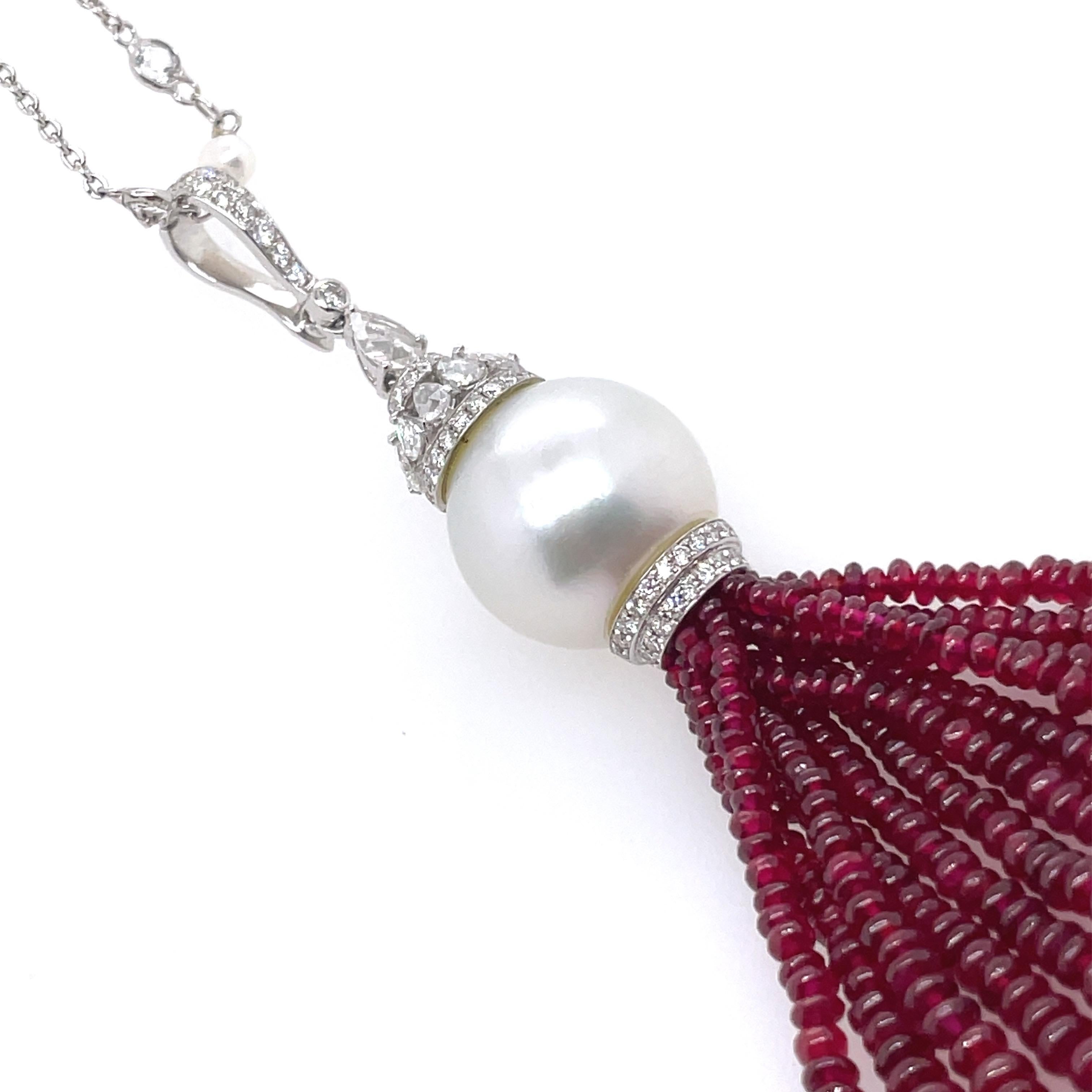 Round Cut 18k White Gold Ruby Cts 62.10 and Diamond Tassel Necklace For Sale