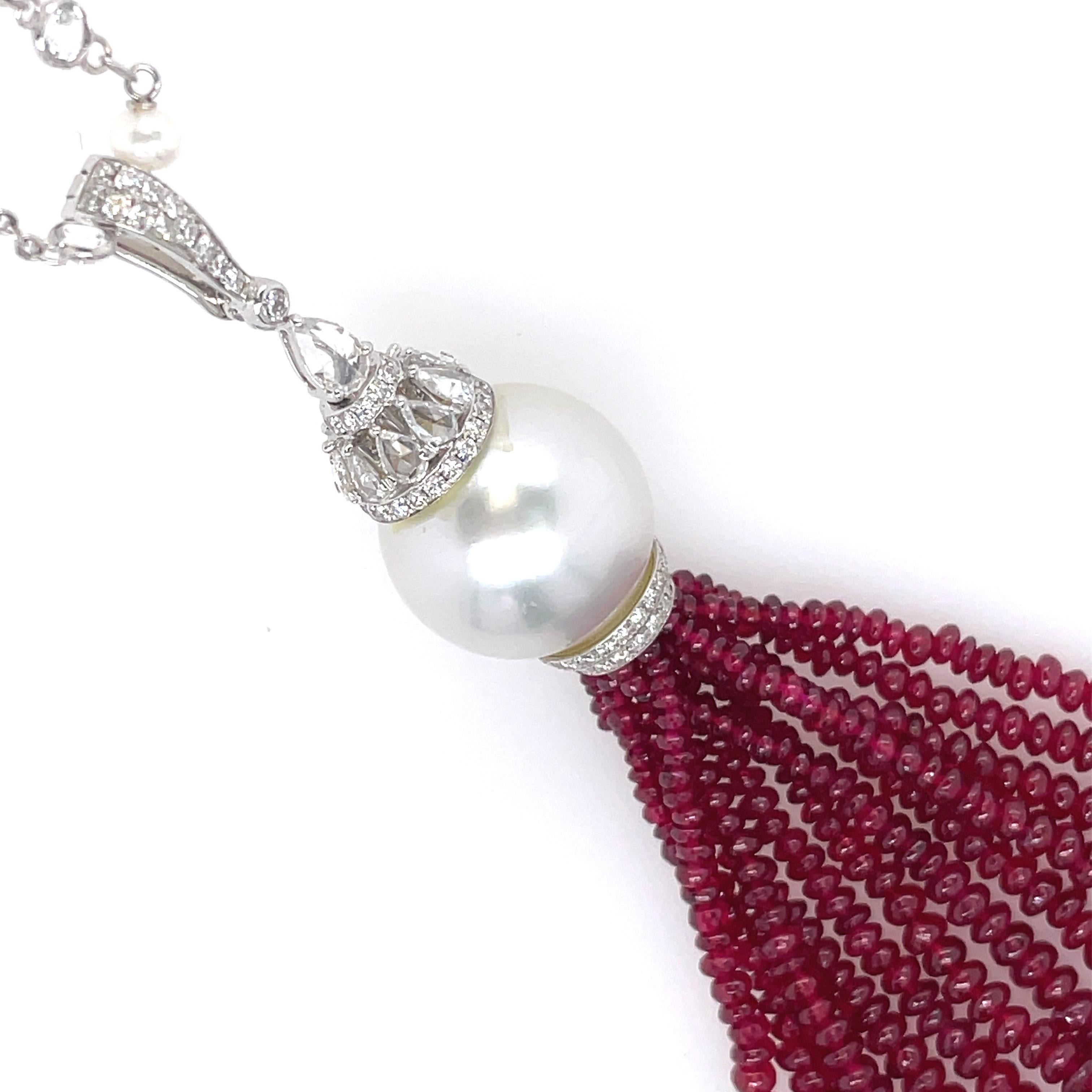 18k White Gold Ruby Cts 62.10 and Diamond Tassel Necklace In New Condition For Sale In Hong Kong, HK