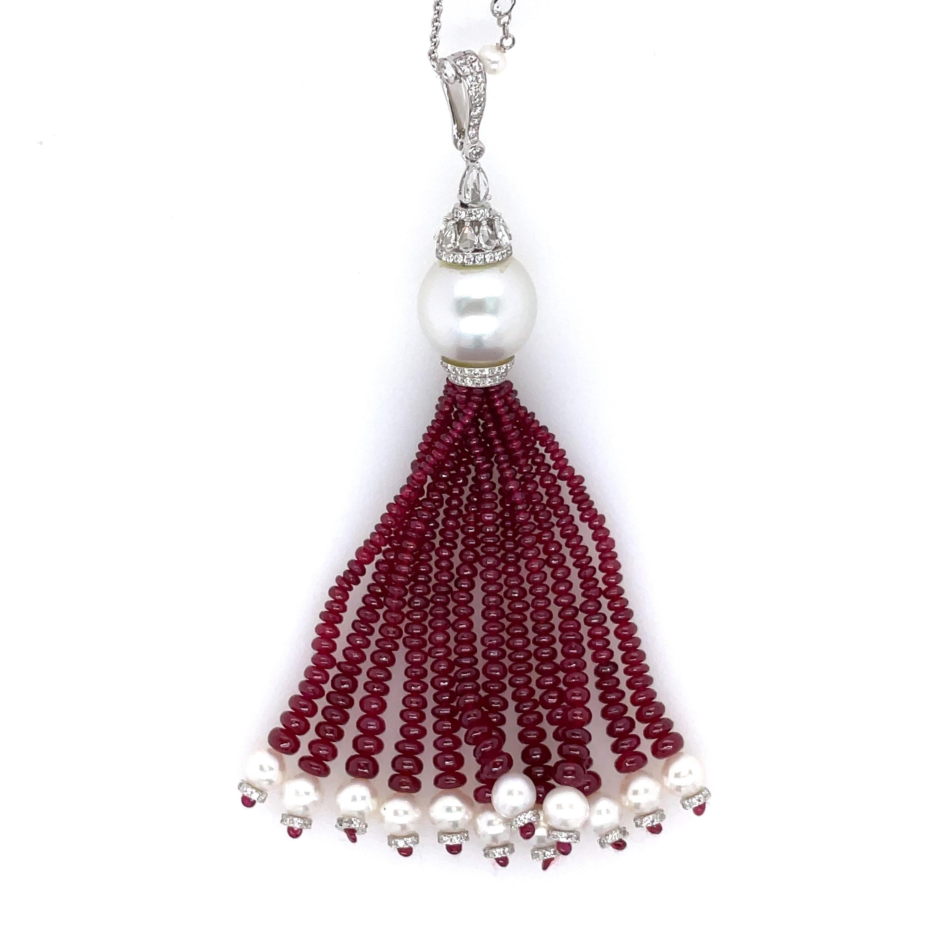 Women's 18k White Gold Ruby Cts 62.10 and Diamond Tassel Necklace For Sale