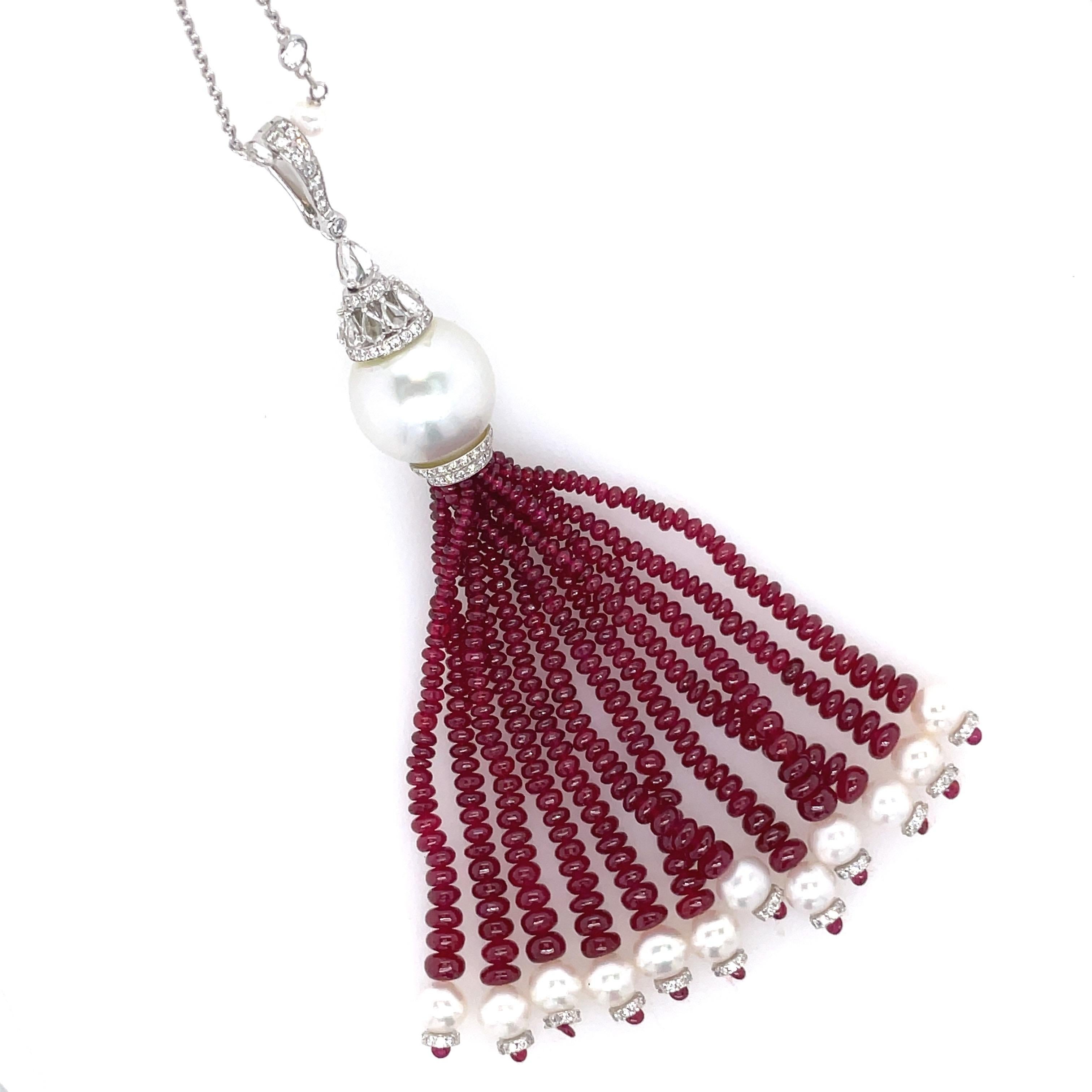 18k White Gold Ruby Cts 62.10 and Diamond Tassel Necklace For Sale 1
