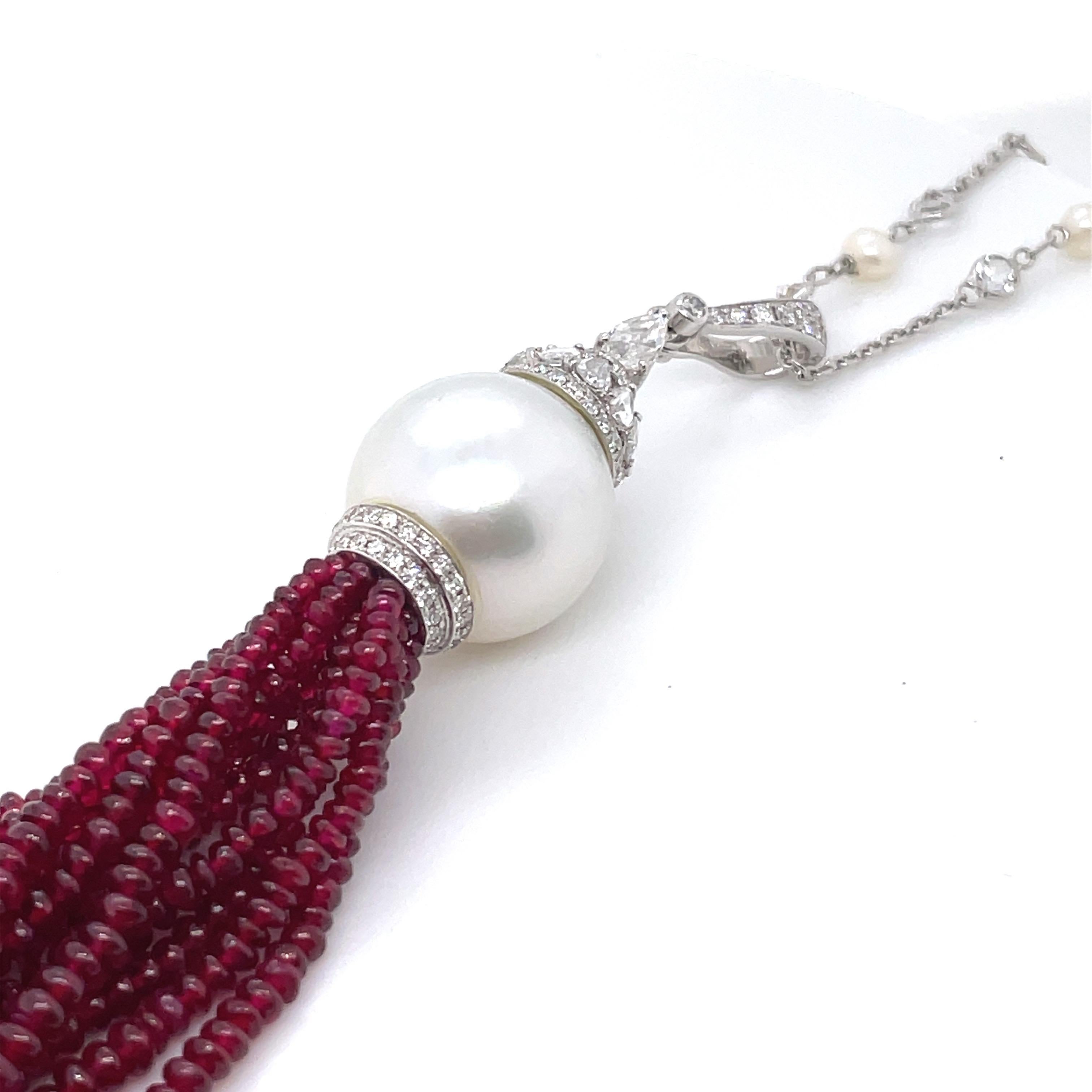 18k White Gold Ruby Cts 62.10 and Diamond Tassel Necklace For Sale 2